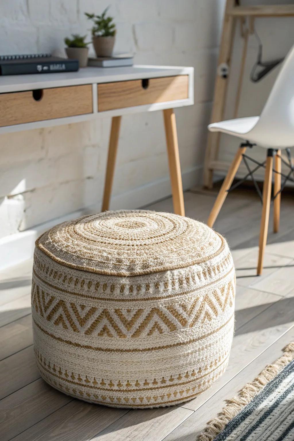 Firm woven ottoman tucks under your desk—minimal, chic seating for the tiniest studio.