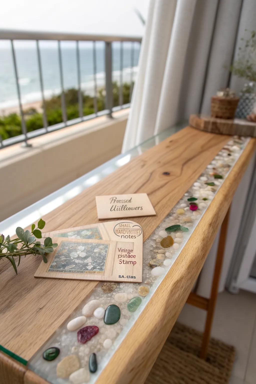 A glossy resin “memory” bartop that’s wipeable, water‑resistant, and made to spark stories.