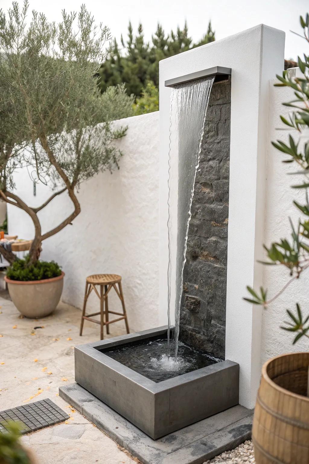 A sleek corner water curtain—modern movement in the smallest patio nook.