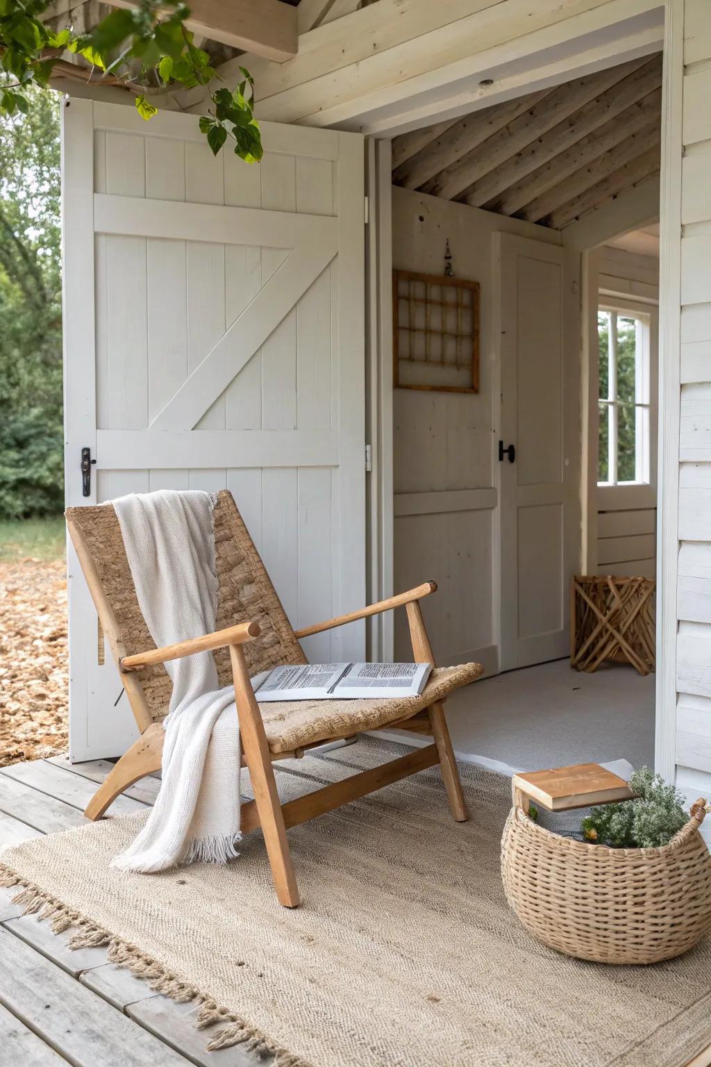 Turn a tiny shed into a breezy reading hideaway with a cozy chair, jute rug, and storage.