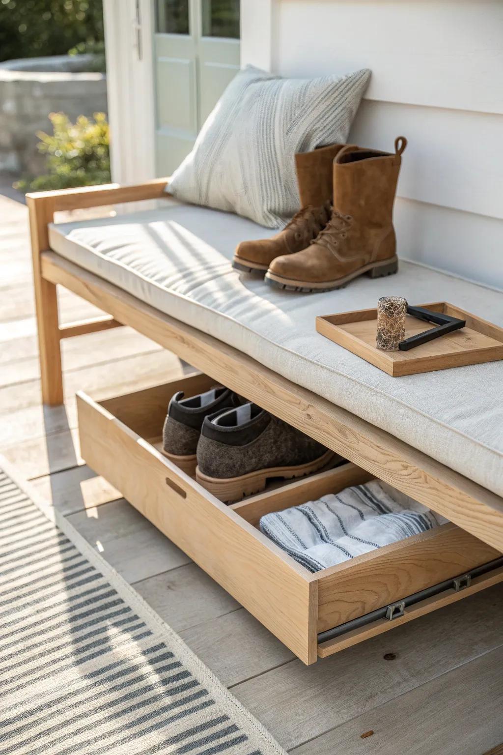 Stealthy porch upgrade: a hidden pull‑out tray keeps muddy shoes out of sight, in reach.