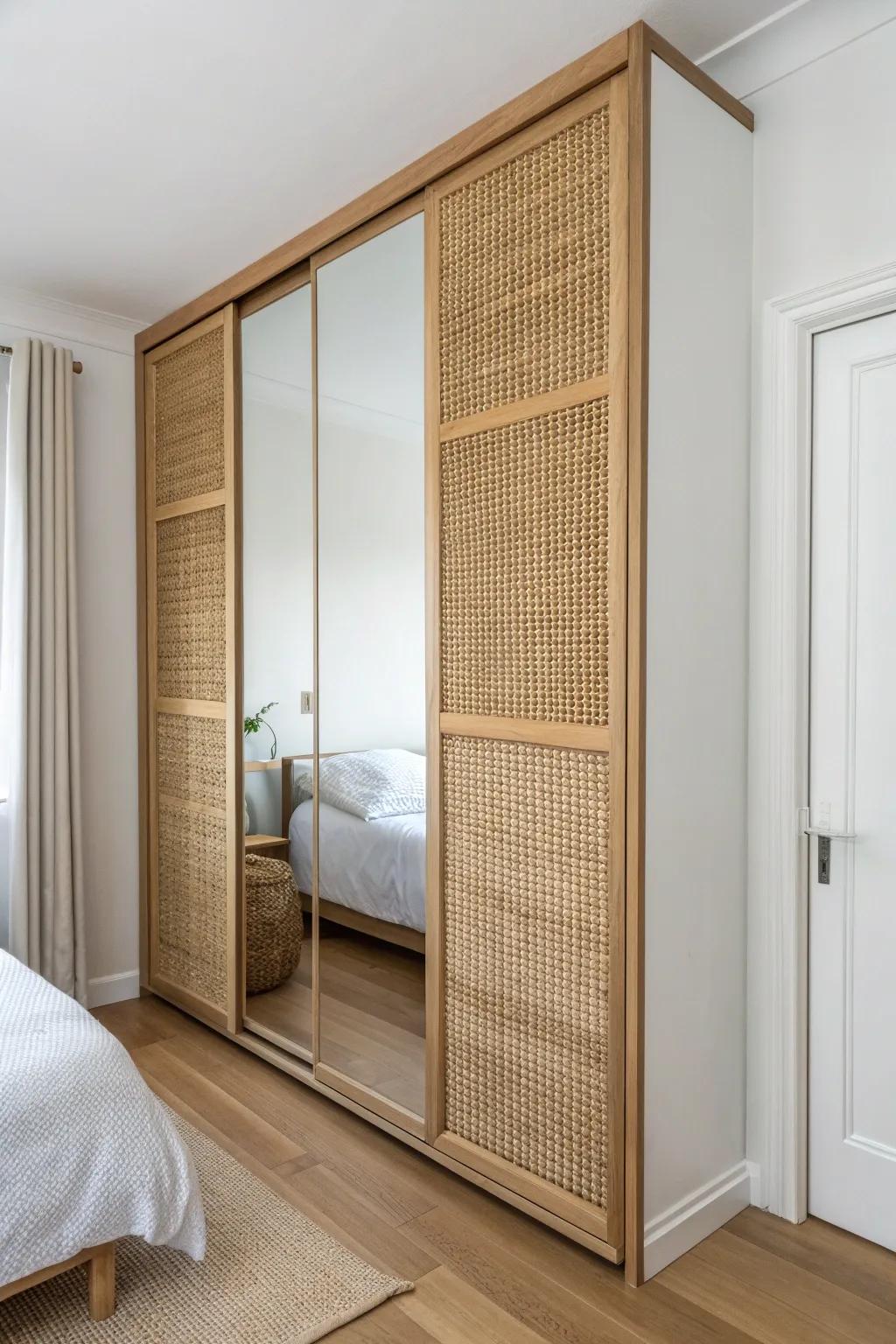 Woven rattan overlay softens mirrored closet doors while the slim mirror edge still brightens.