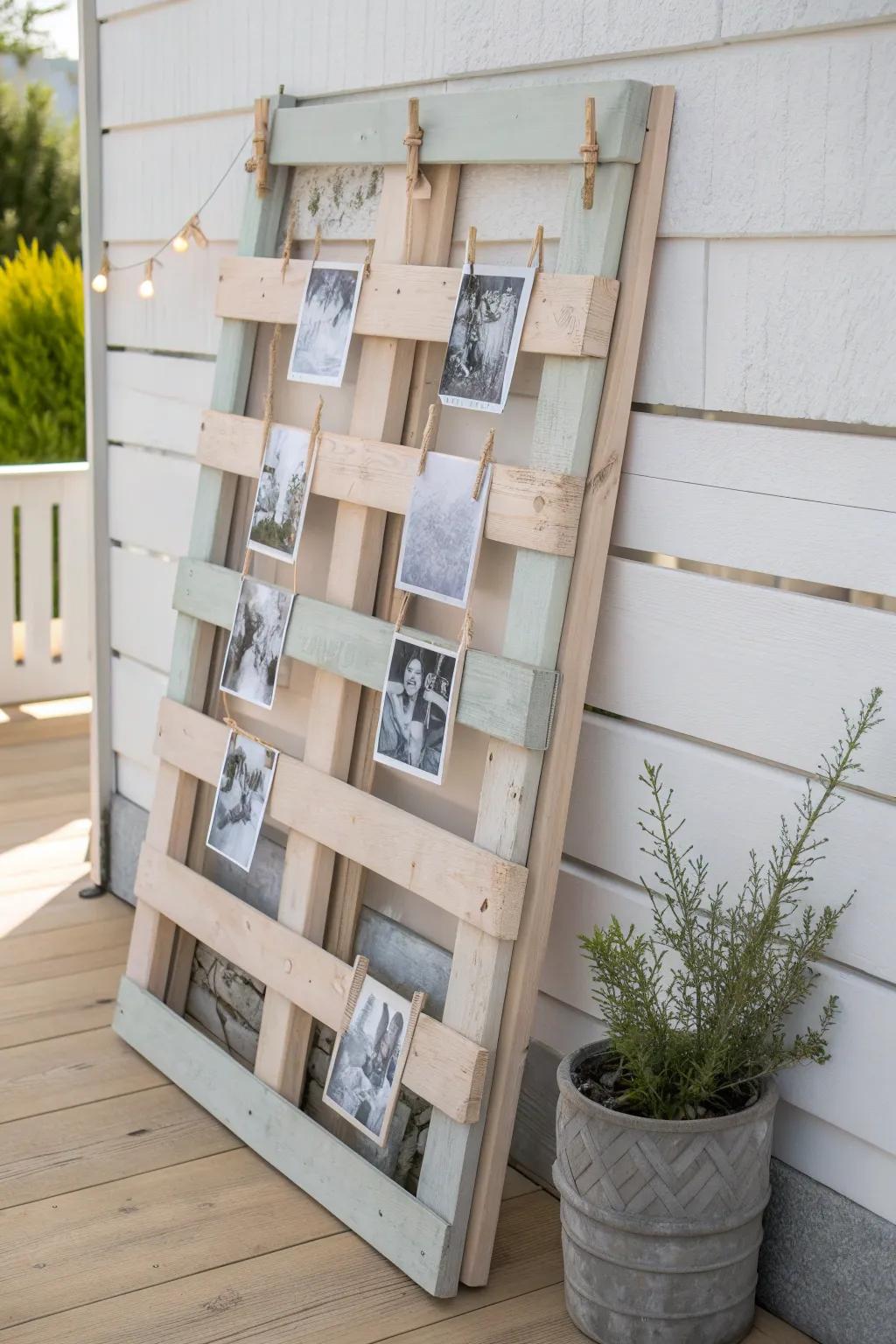 Elevate your memories with a minimalist pallet photo display, where craftsmanship meets cherished moments.