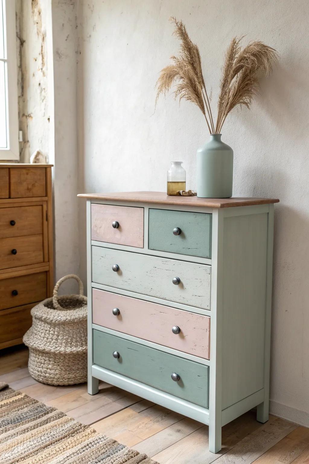 Muted rainbow drawers: calm, curated color that makes a small-space dresser feel organized.