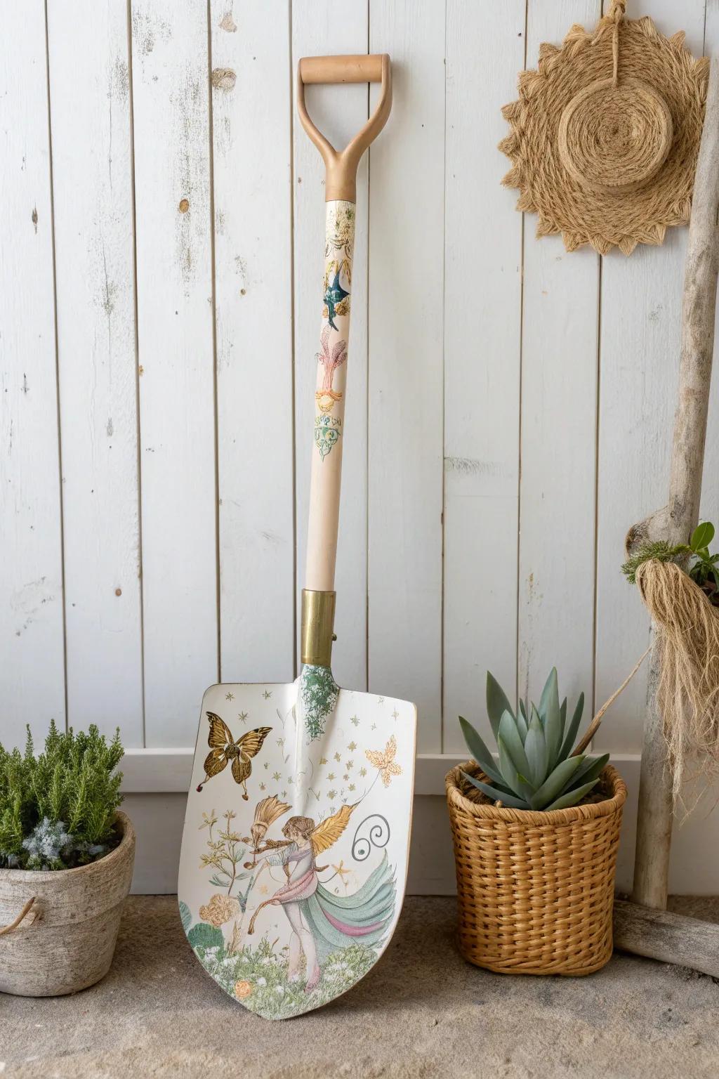 Add a touch of whimsy to your garden with enchanting shovel art.
