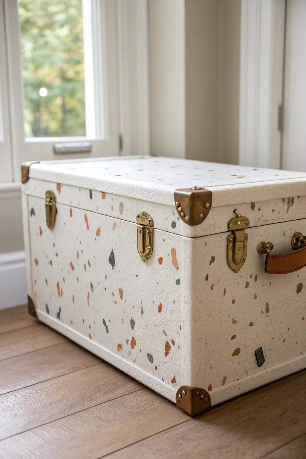 Warm-white trunk with hand-painted terrazzo speckles—playful texture and chic hidden storage.