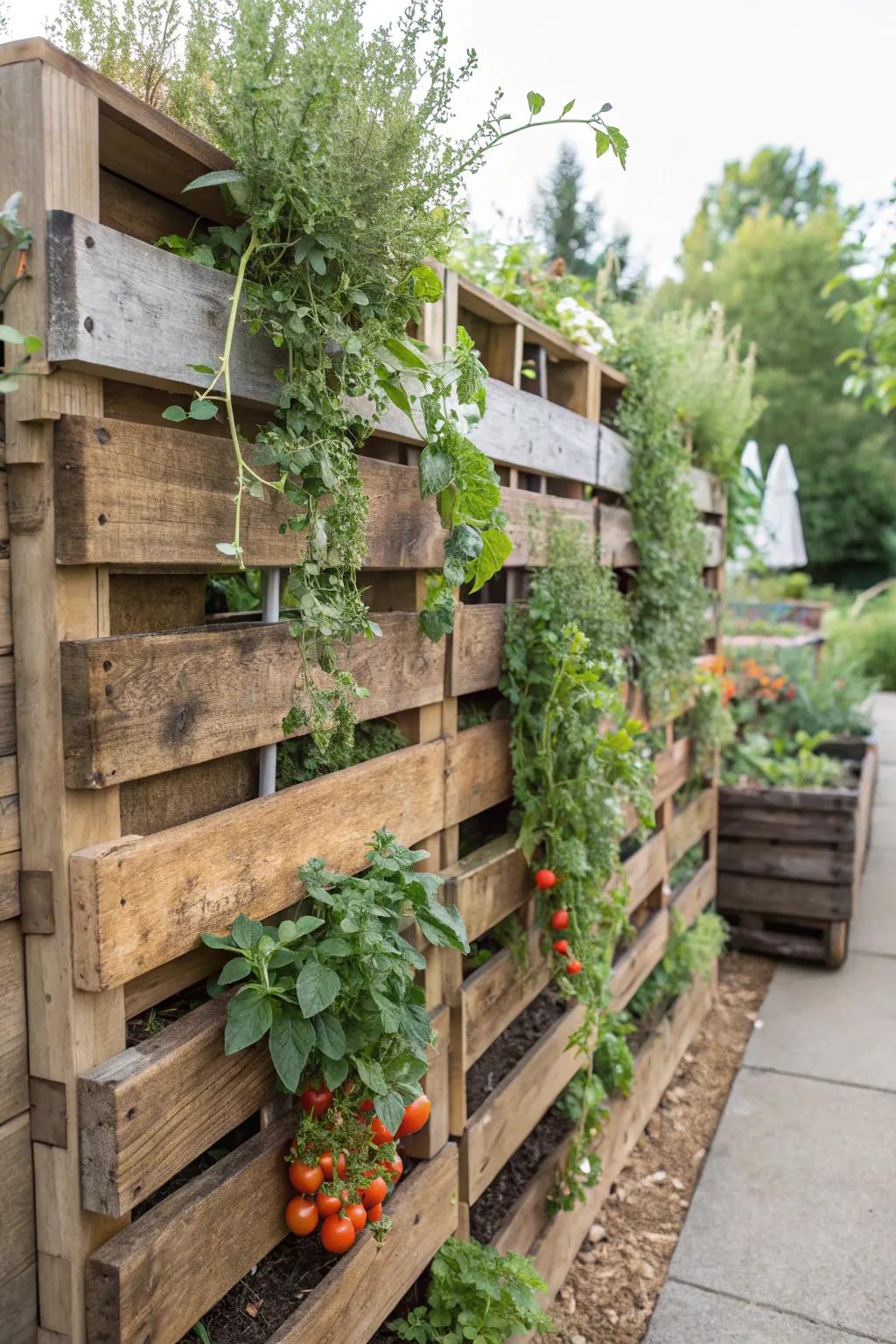 Transform your garden with a rustic pallet wall that's both functional and beautiful.