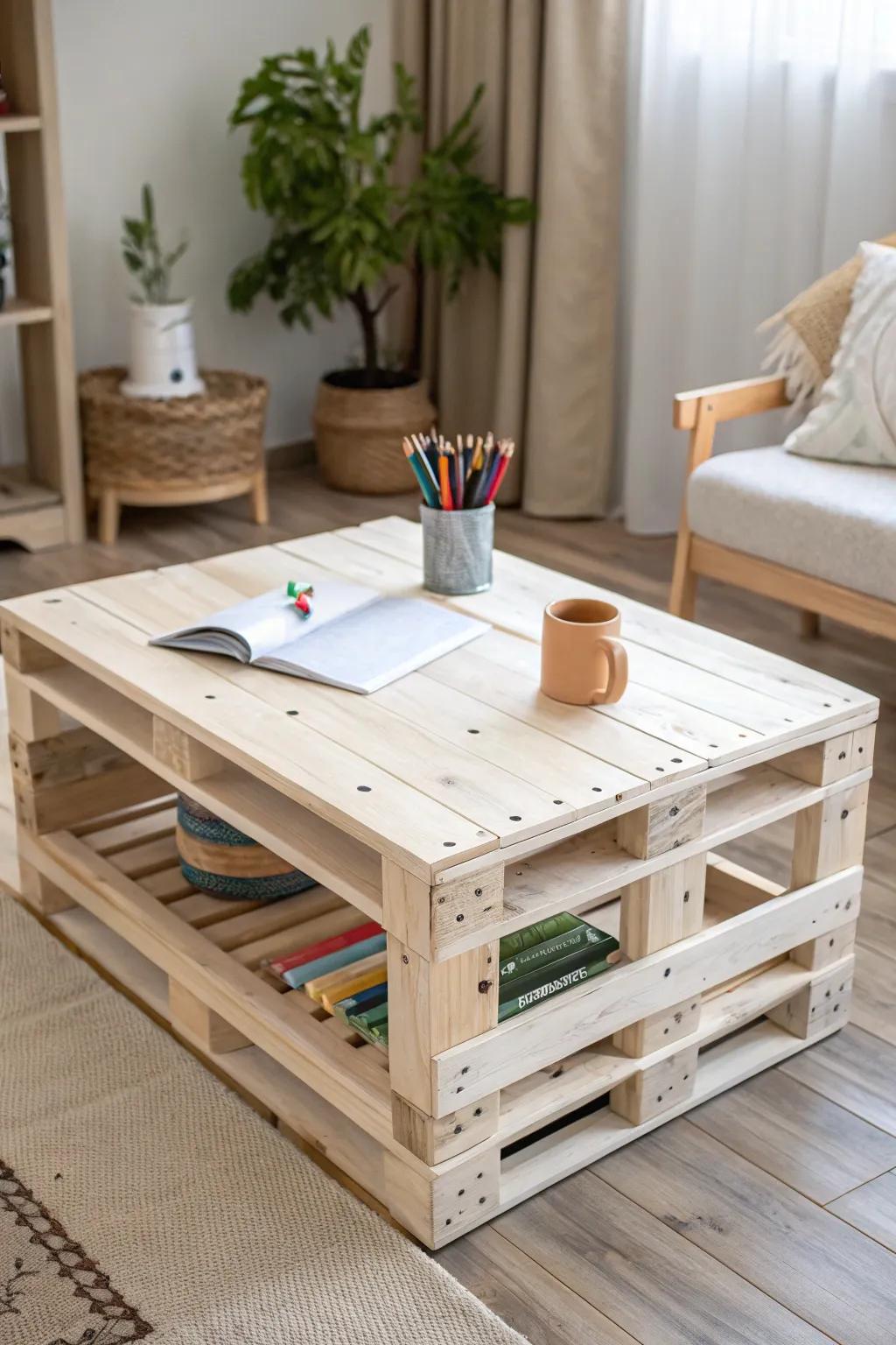 Low pallet craft table with a wipe-clean satin top—perfect for kids’ coloring in small spaces.