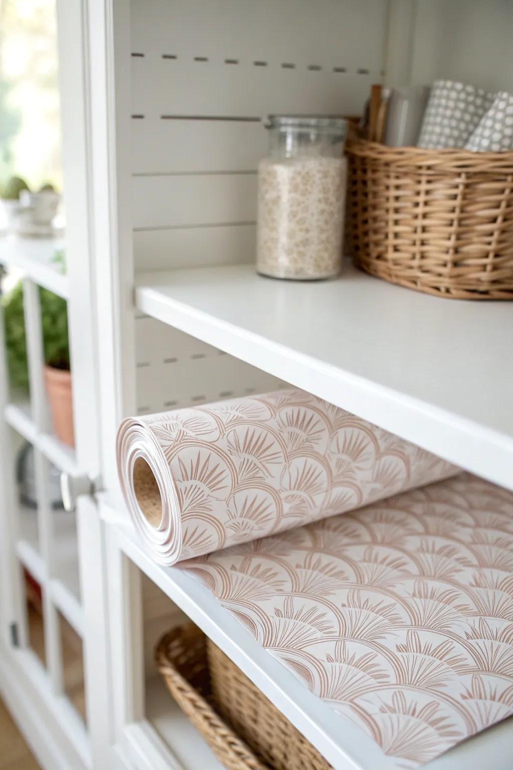 Wipeable shelf liners add a clean, finished look—pretty pattern, zero spill stress.
