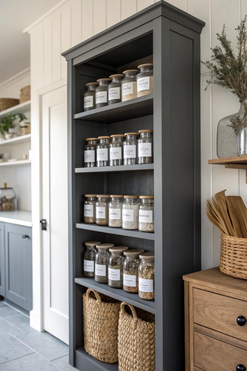 Charcoal gray calms busy pantry packaging—sleek, minimalist shelves that make labels pop.