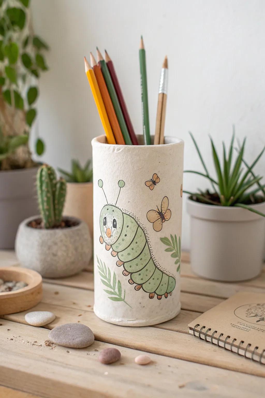Add a touch of whimsy to your workspace with this charming caterpillar pencil holder, a perfect blend of Scandinavian elegance and boho charm!