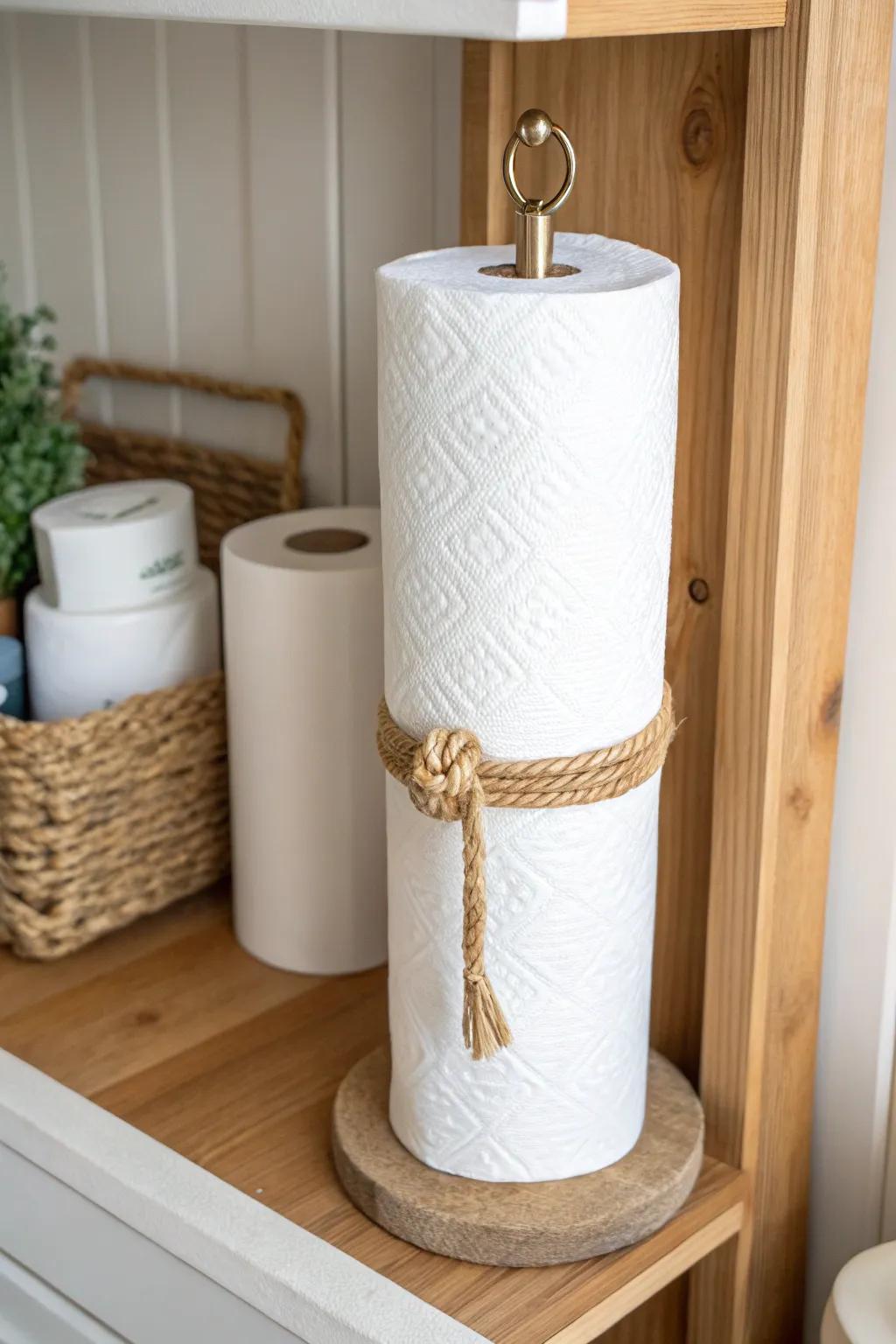 Neat paper towel tower: a simple jute rope corral keeps rolls upright and grab‑ready.