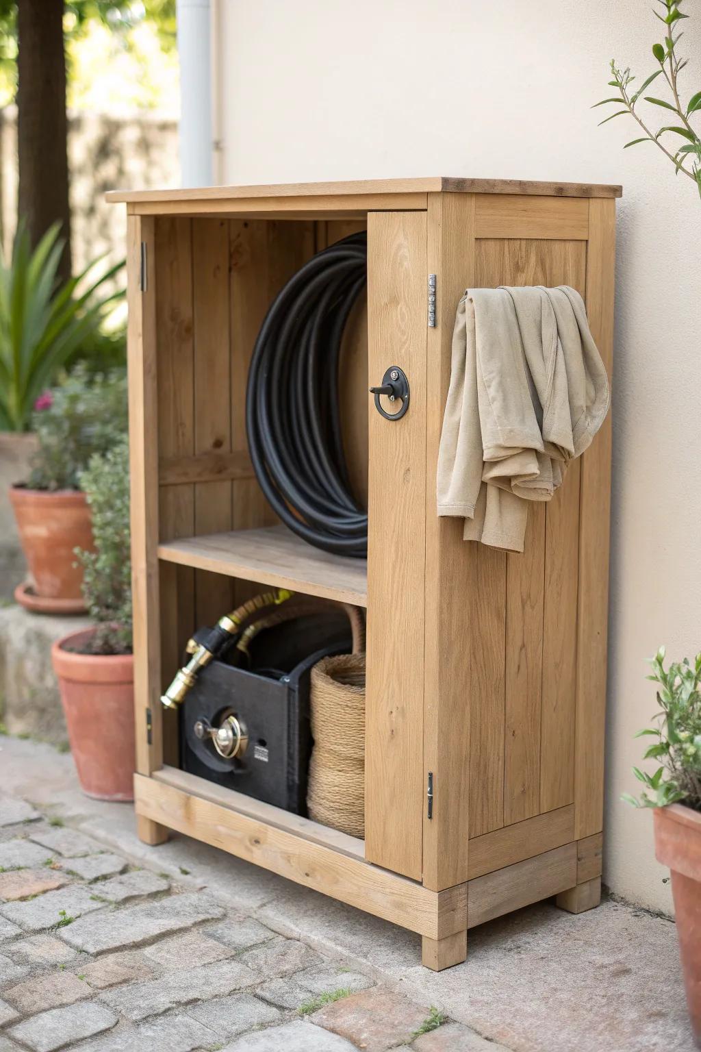 A chic hose reel cubby keeps patio essentials tidy—minimal, warm, and beautifully practical.