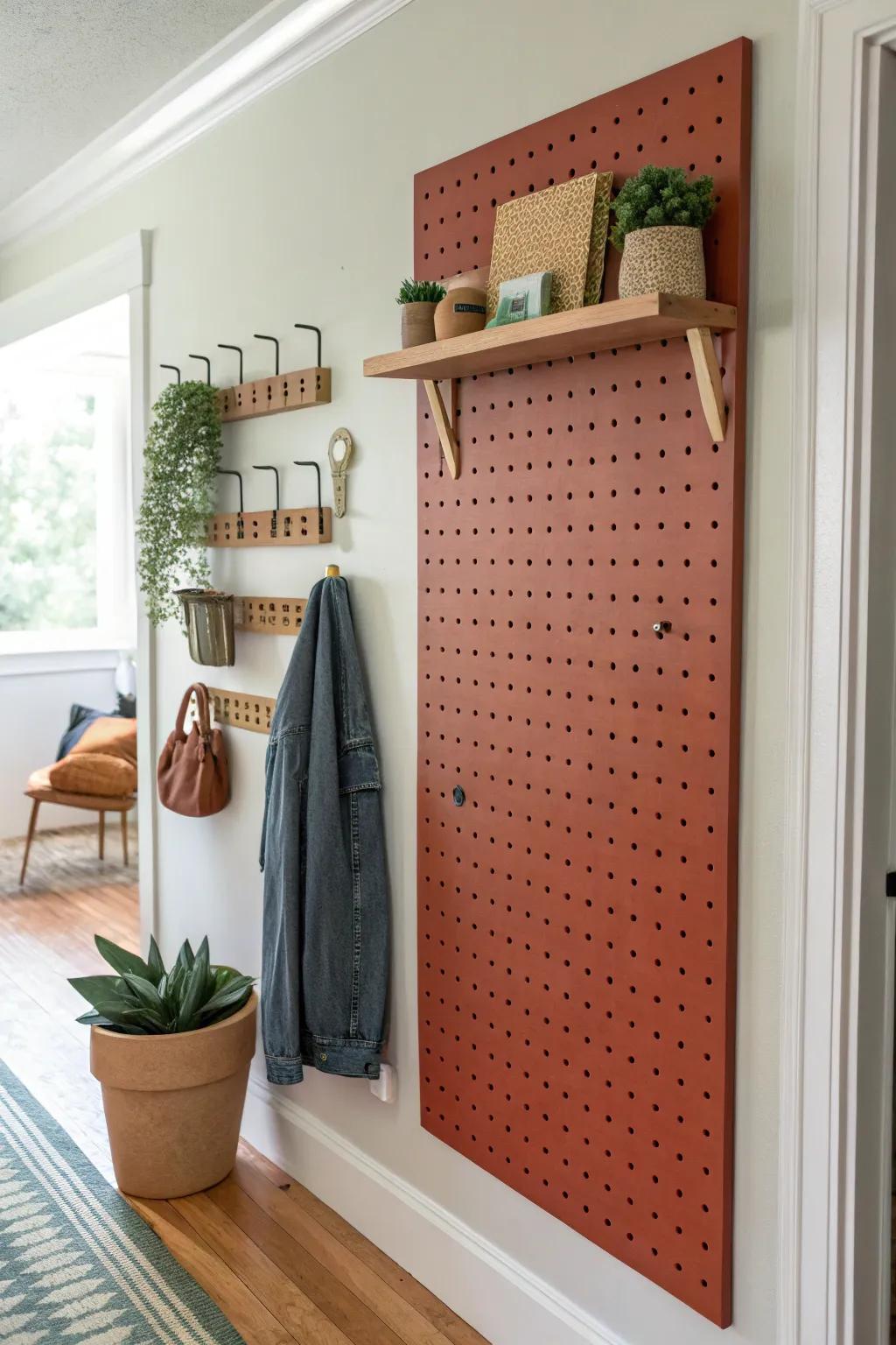 A deep-painted pegboard accent wall turns entryway storage into curated, built-in decor.