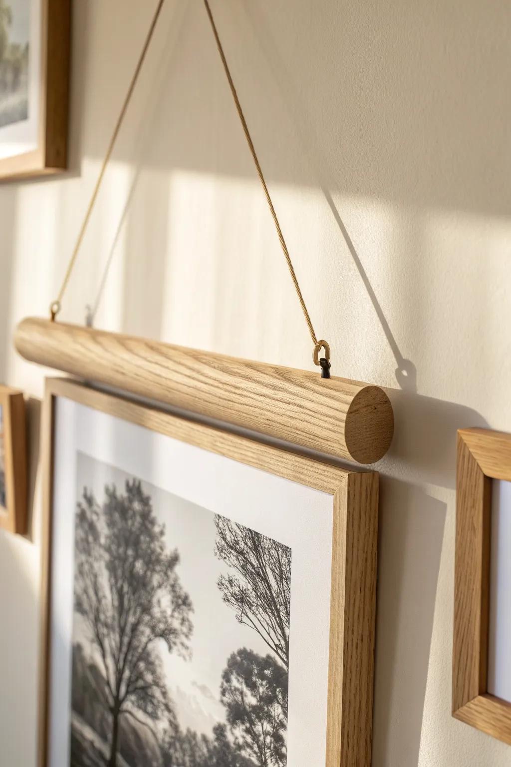 A simple picture rail + linen cord lets you adjust frame heights without new holes.