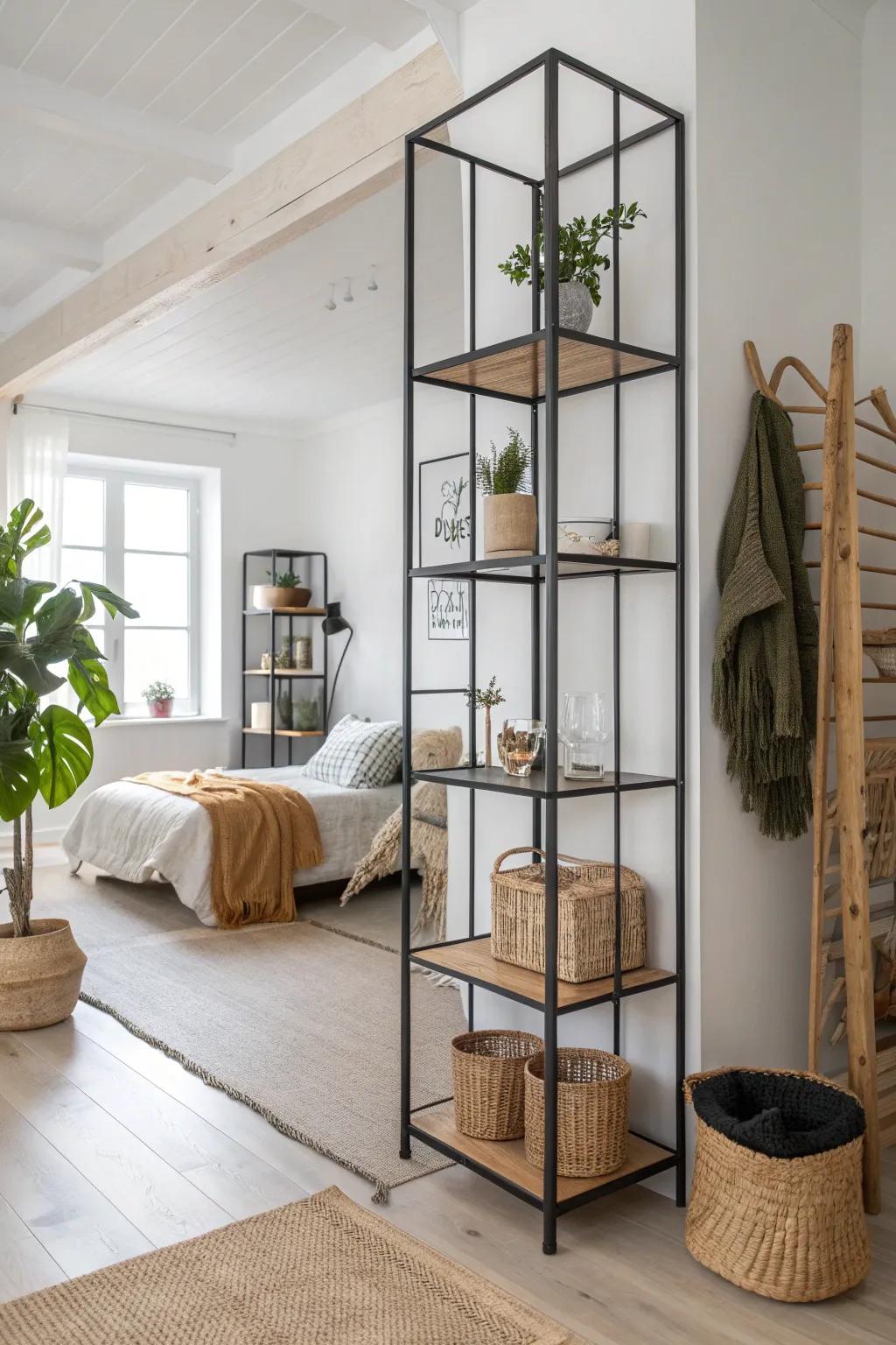 A light‑passing pipe shelf wall divider that creates “rooms” without shrinking a small studio.