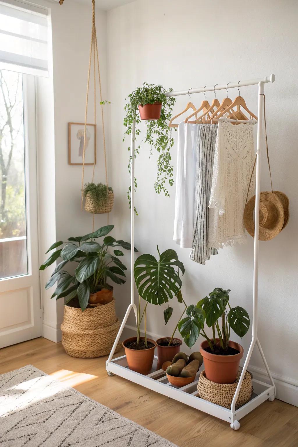 A garment rack turned plant divider—airy zoning with hanging pots and a lush base plant.
