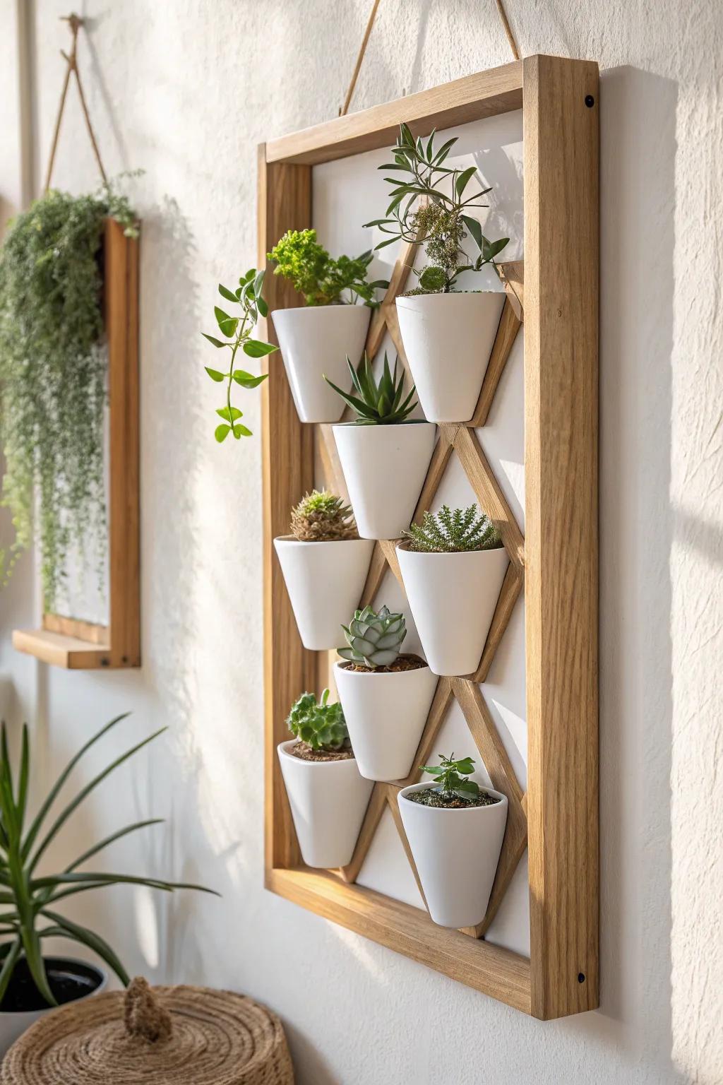Staggered mini planters in a tidy grid—big plant impact with minimal wall space.