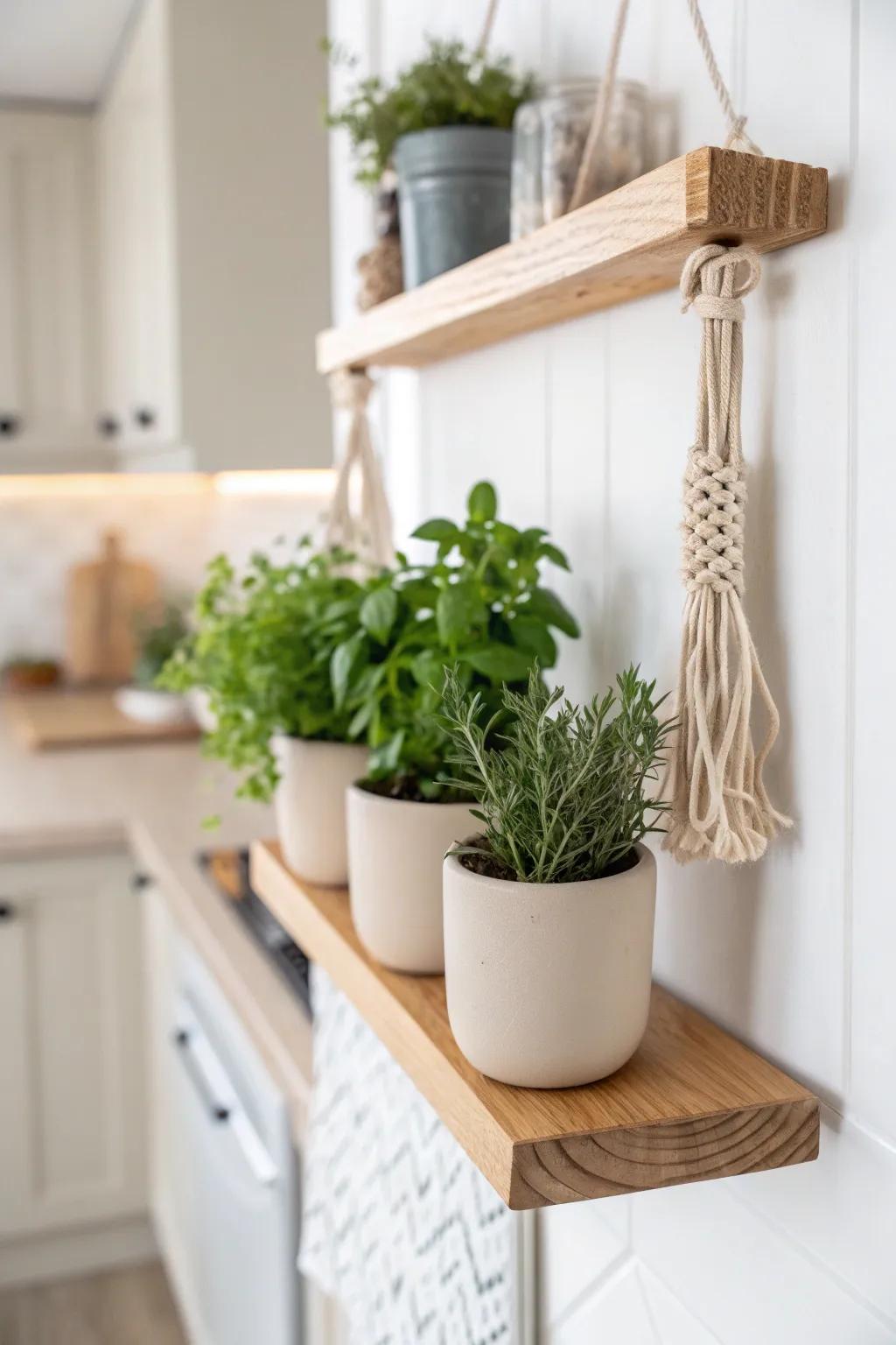 A slim oak wall shelf keeps fresh herbs within reach and frees up precious counter space.