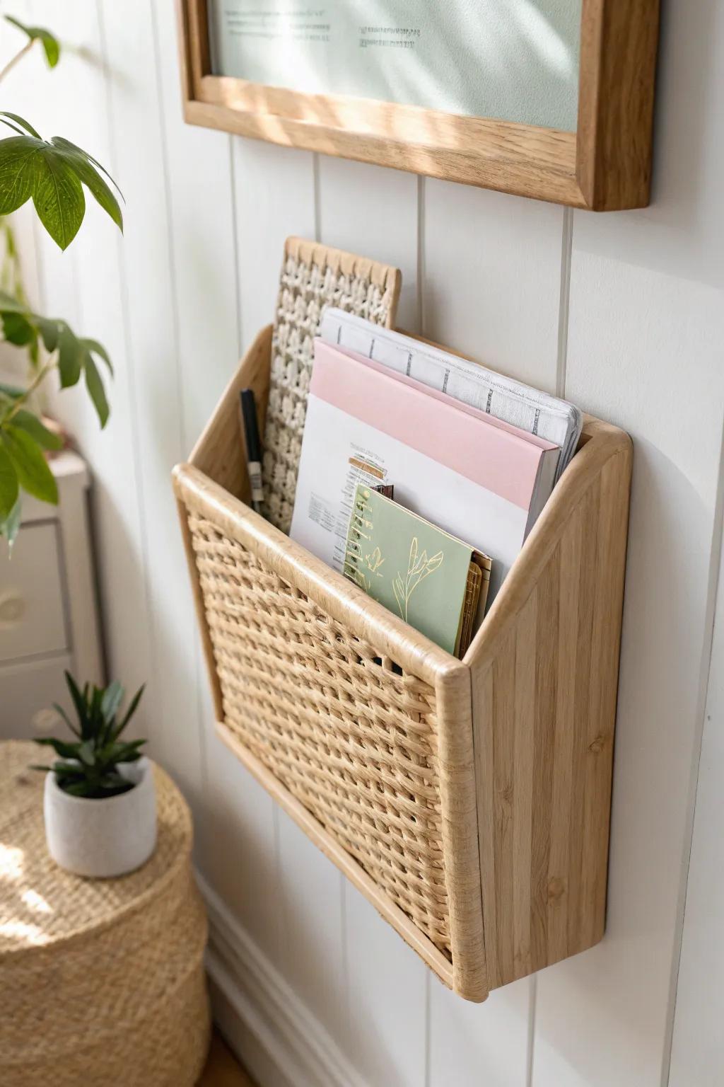 Wall-mounted file pockets keep paper and flat games upright, visible, and beautifully tidy.