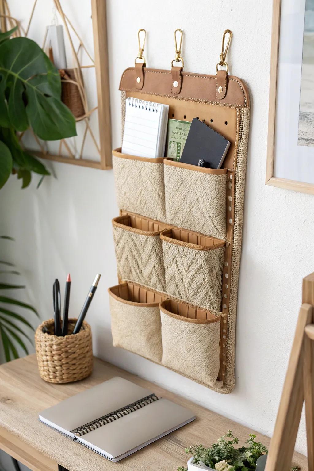 Go vertical with a woven wall organizer—pretty, practical storage that frees up a tiny desk.