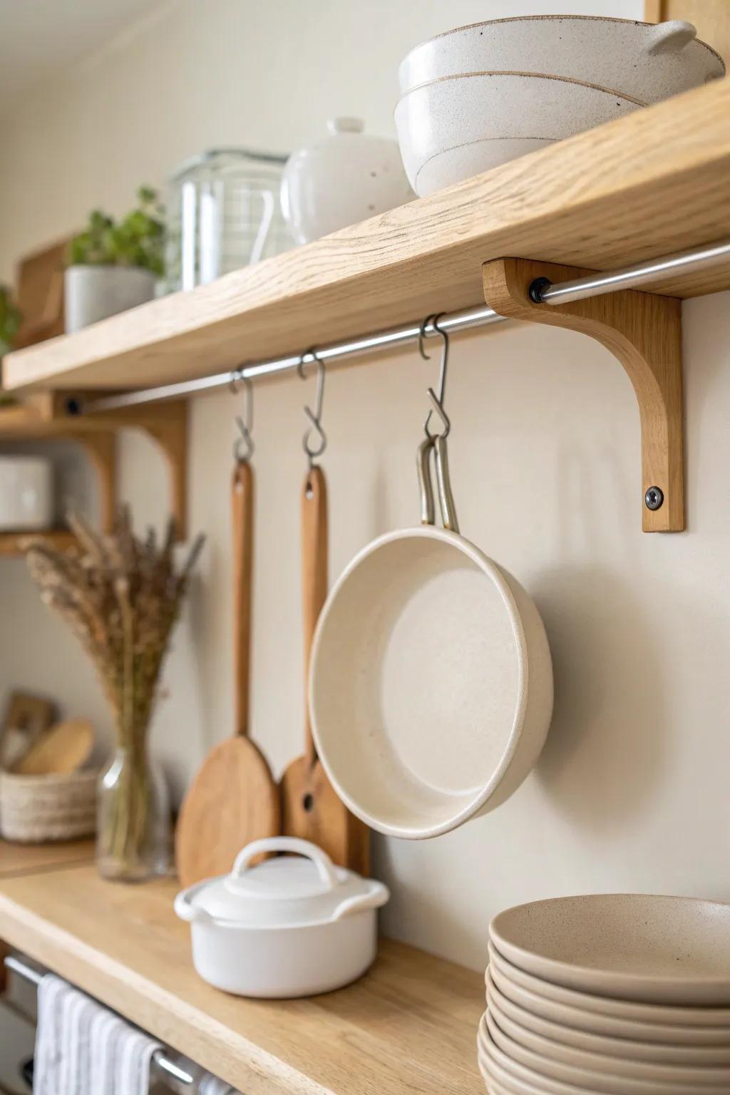 Use the empty space under shelves: a no-drill hanging rack for pans and lids.