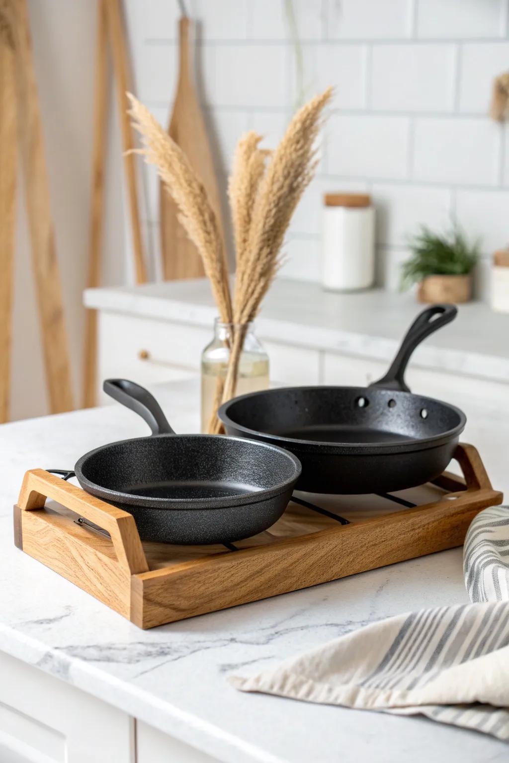 A minimalist countertop rack that displays two everyday skillets—styled, not cluttered.