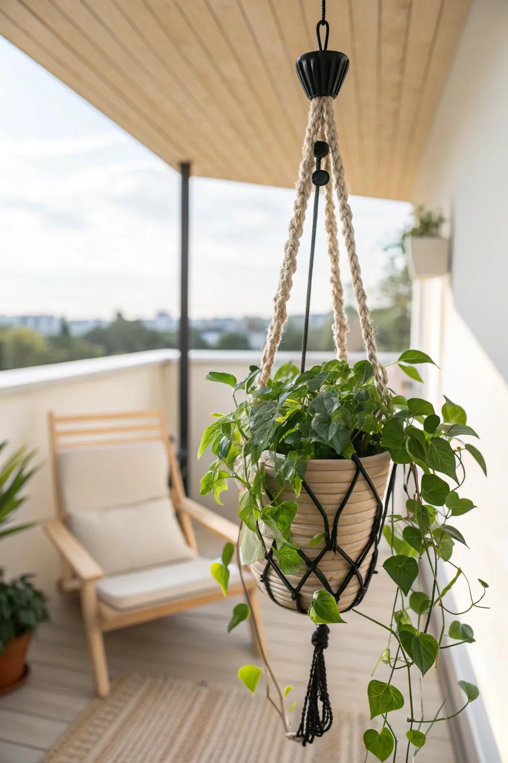 A hanging basket planter turns your balcony into a lush green ceiling—without losing floor space.