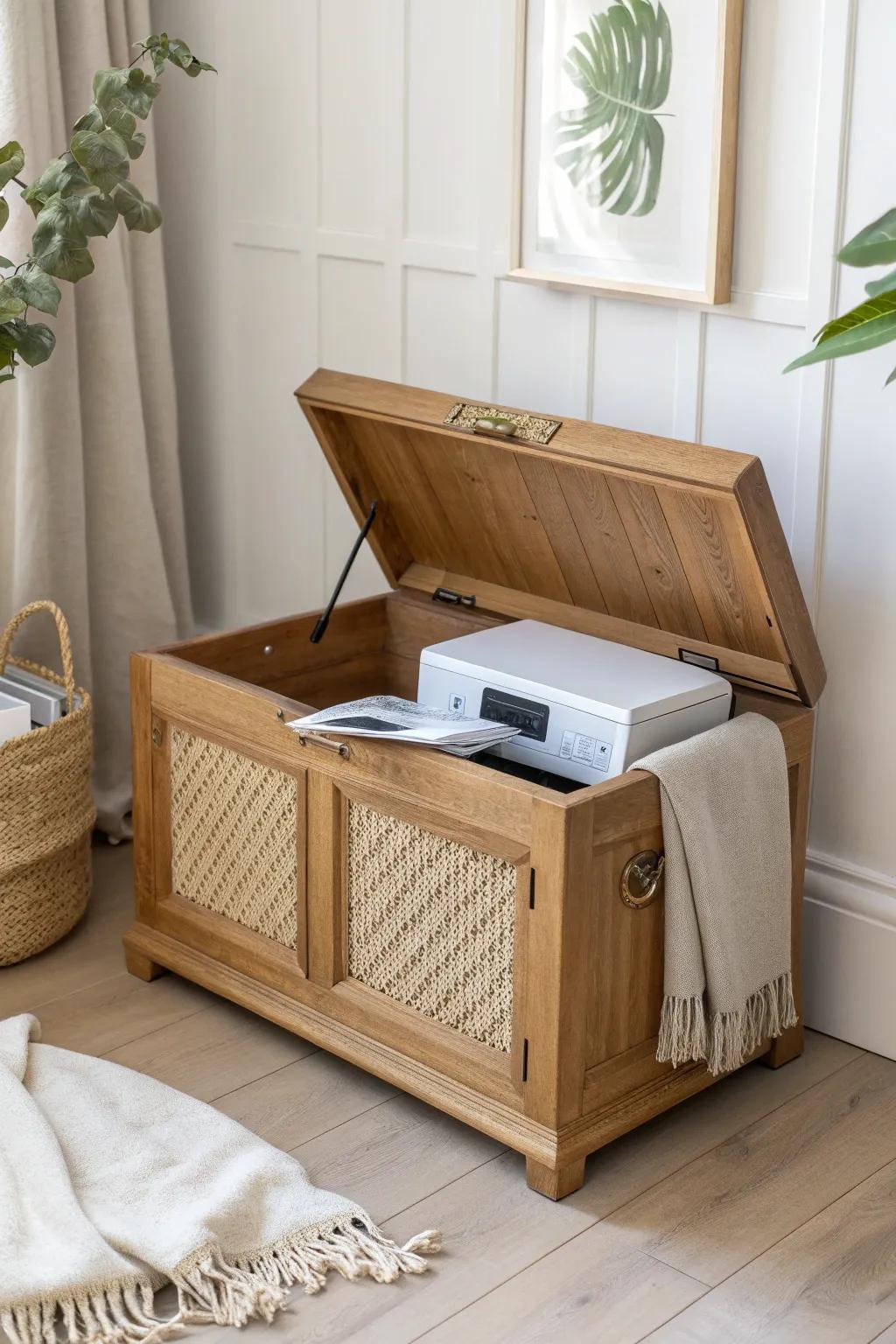 A lift-top trunk hides the printer in plain sight—pretty storage that doubles as decor.