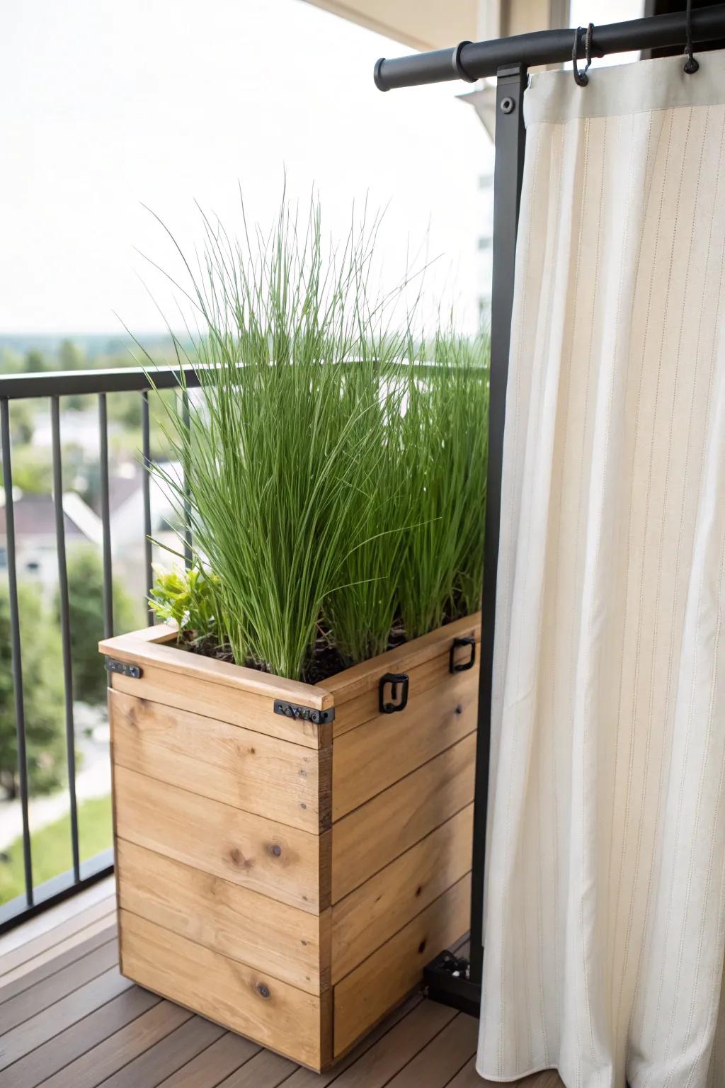 DIY privacy planter + curtain rod for instant, adjustable balcony coverage in minutes.