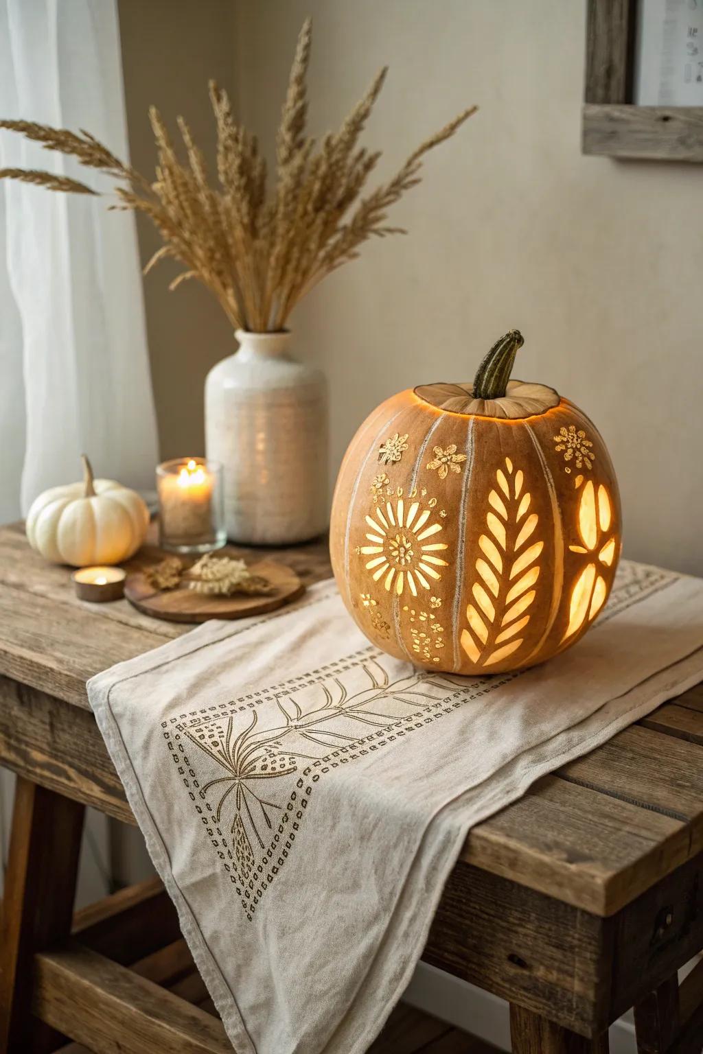 Witness the beauty of nature's cycle with a carved pumpkin masterpiece.