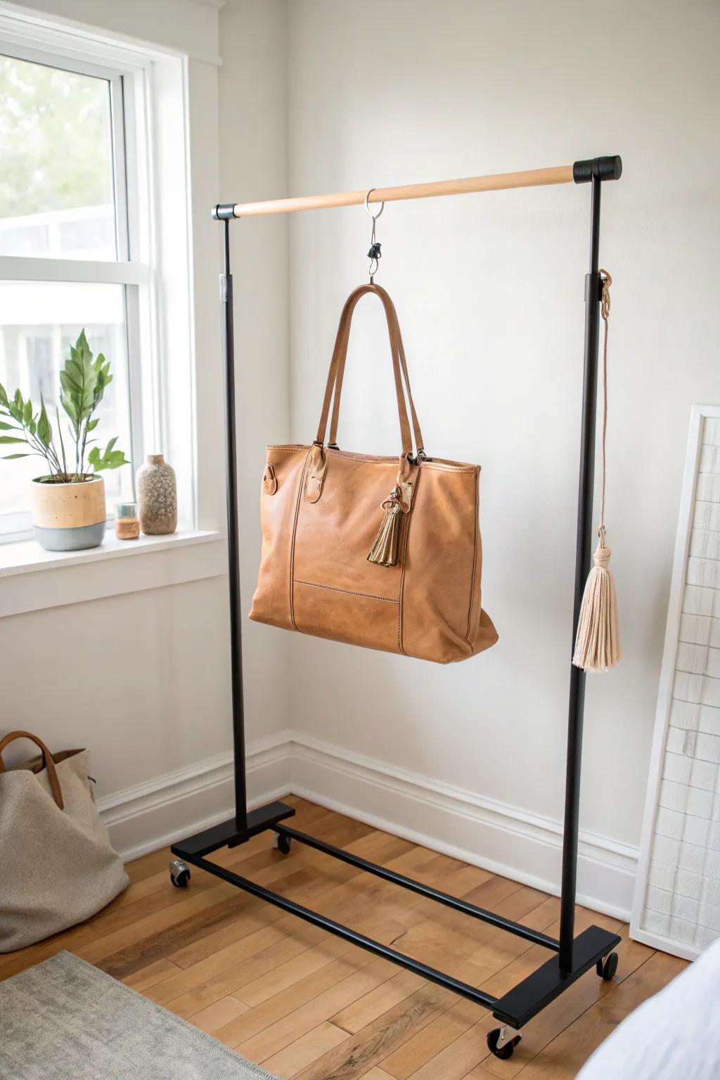 A rolling garment rack with hooks: the chic, small-space way to store and display purses.