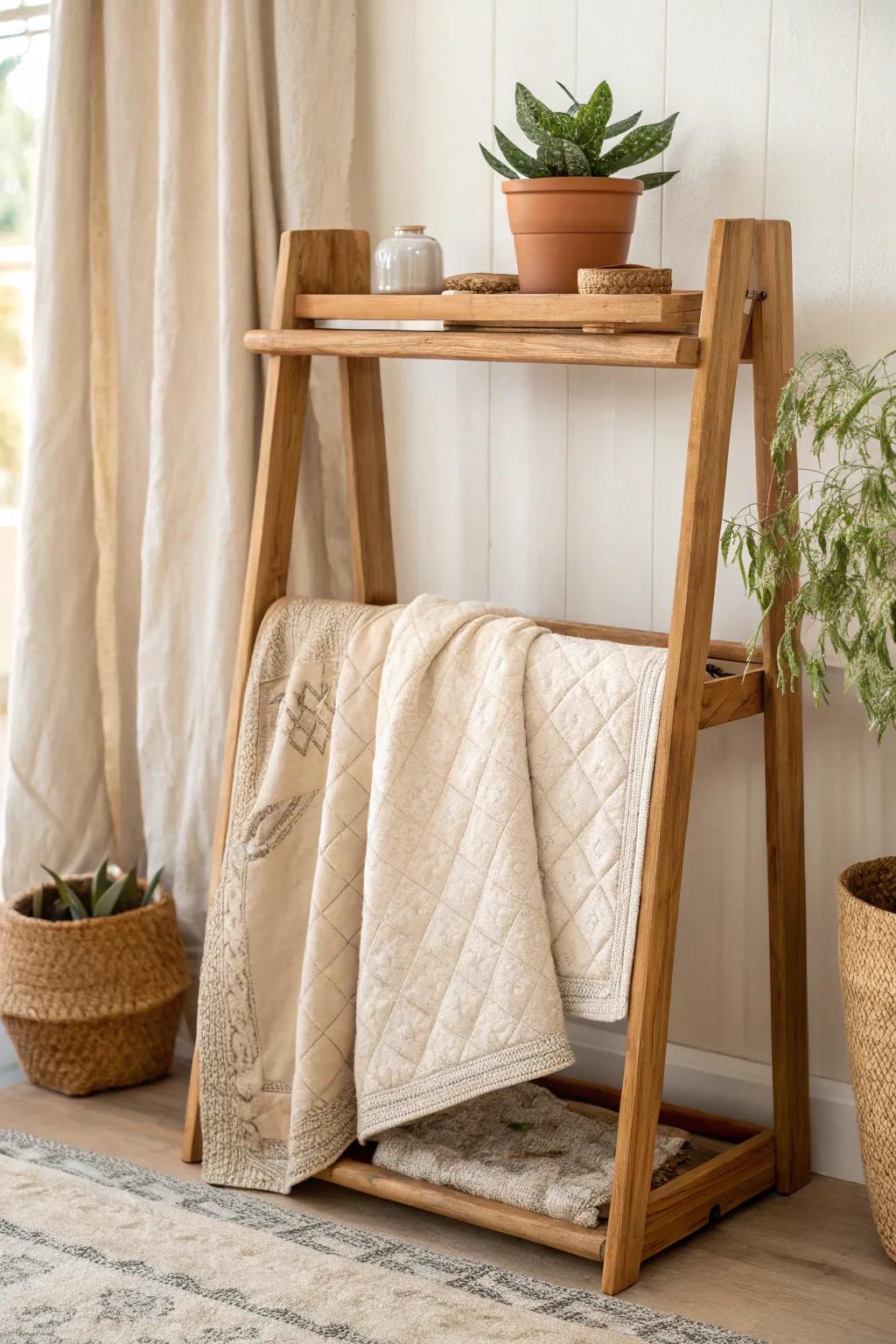 A quilt rack with a shelf top—style one plant and tray so quilts look like curated decor.