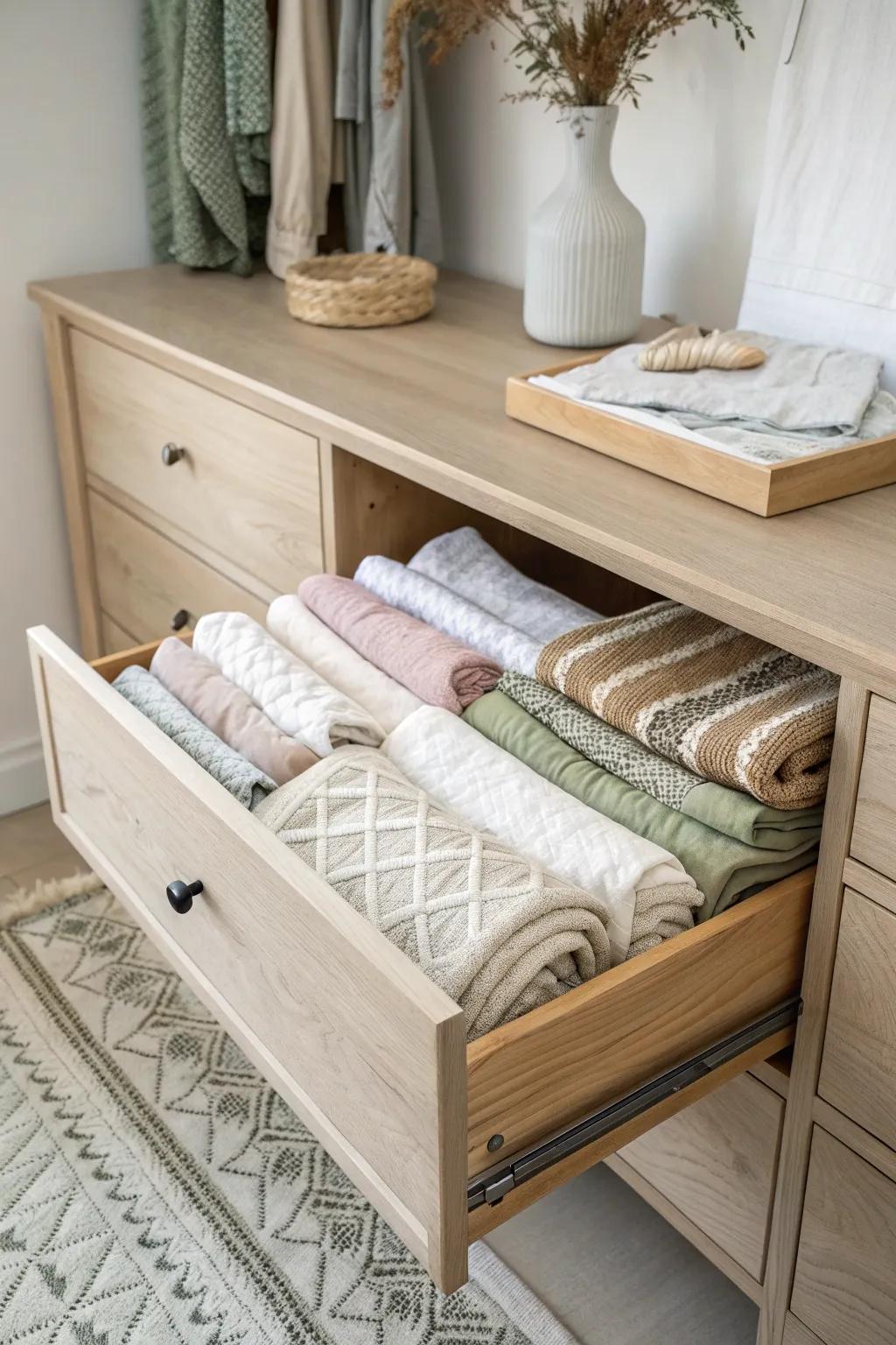 File-fold quilts in a wide dresser drawer for a chic “quilt menu” that saves space.