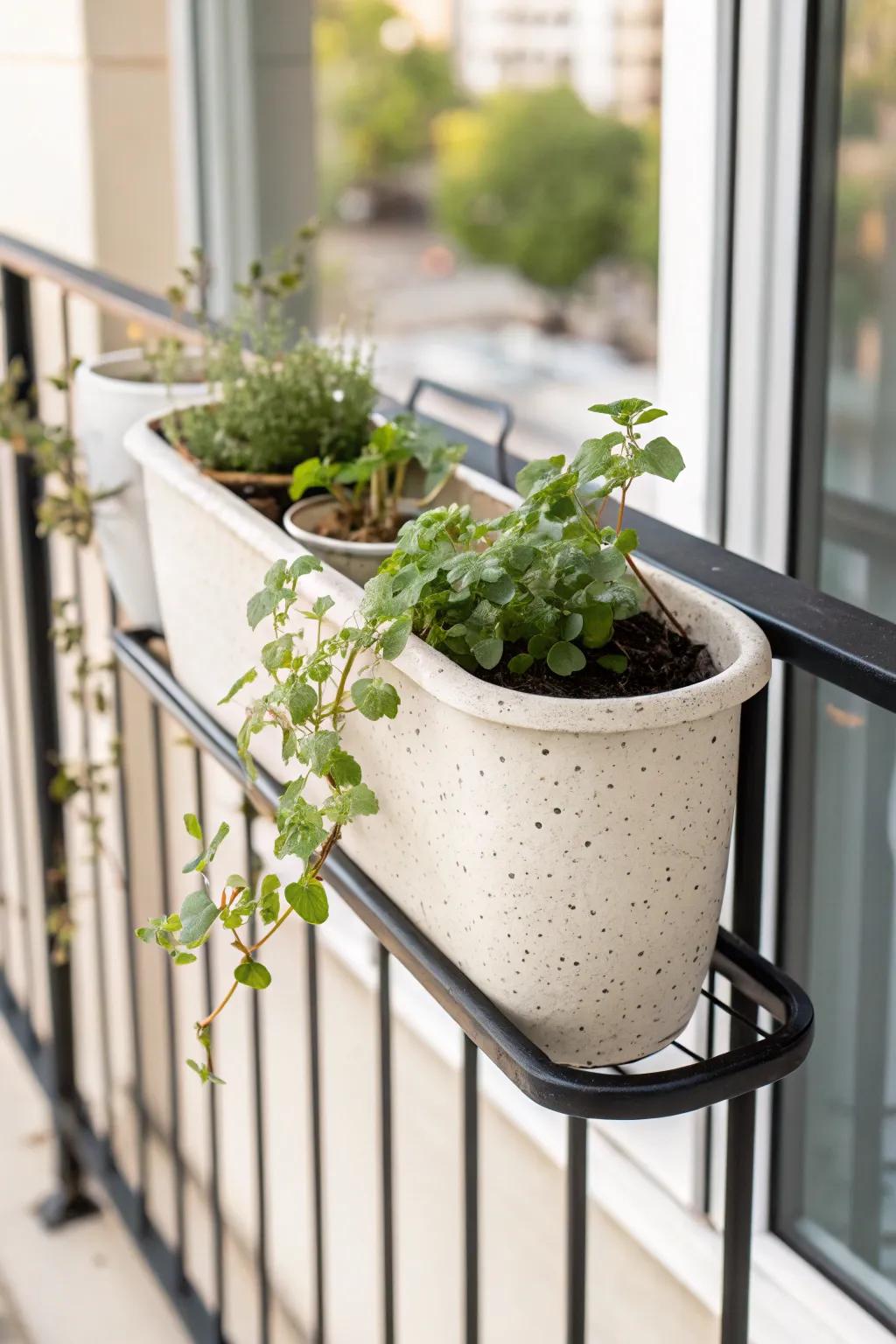 No-drip railing planter with a built-in catch tray—pretty balcony blooms without neighbor drama.
