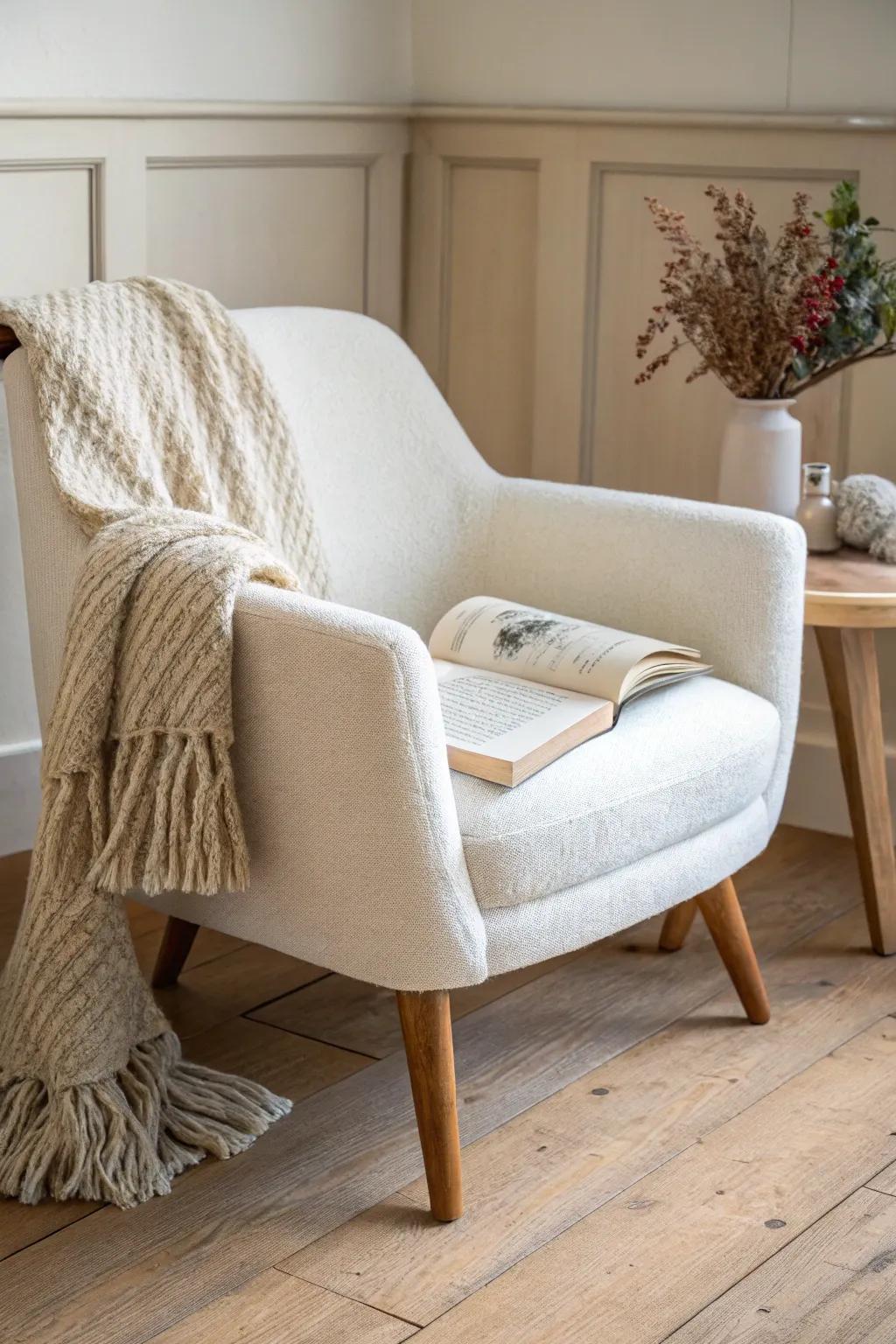Neutral boucle reading chair + soft knit throw: a calm, low-stimulation classroom nook.