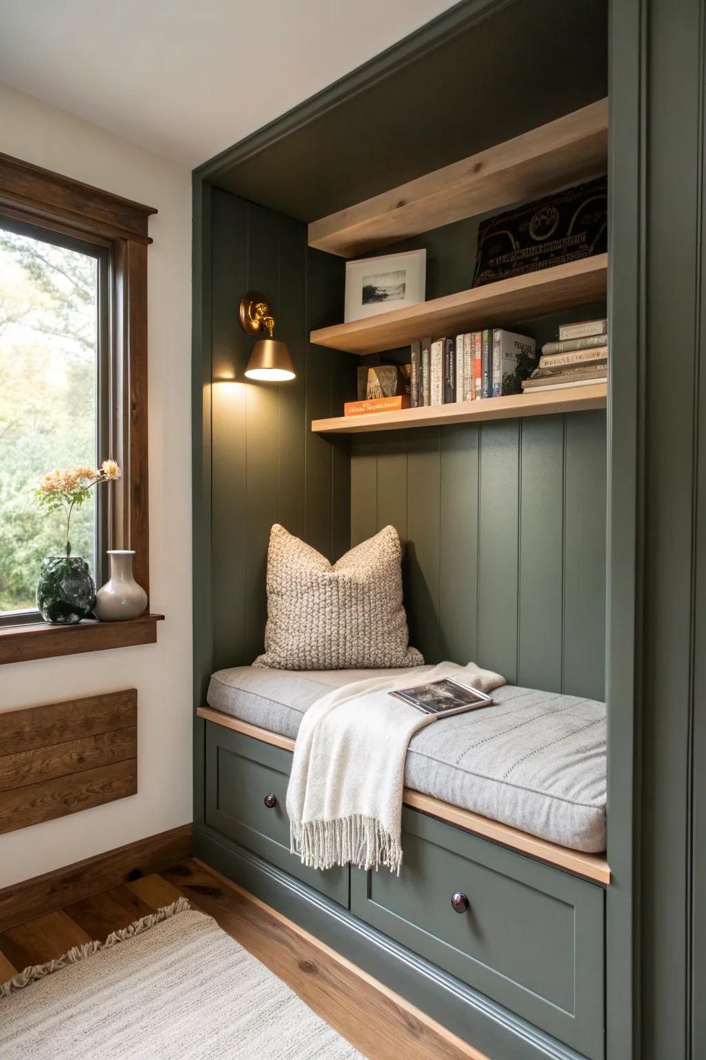 A dreamy closet reading nook bench—moody paint, oak shelves, and linen comfort in one hideaway.