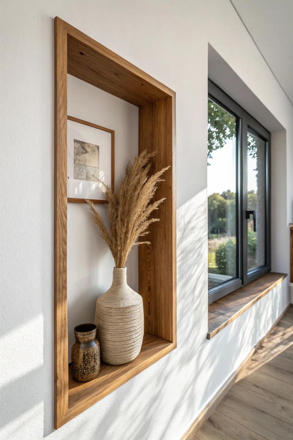 Warm oak trim turns a simple recessed shelf into a cozy, high-end small-space feature.