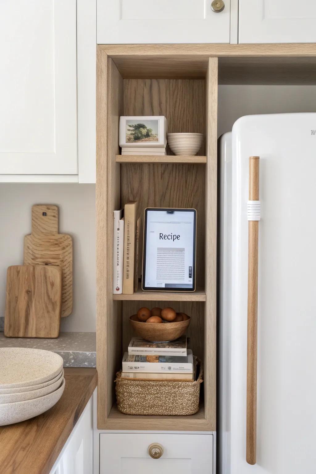 A chic fridge-side cookbook stack with a tucked-in tablet ledge—pretty and prep-friendly.