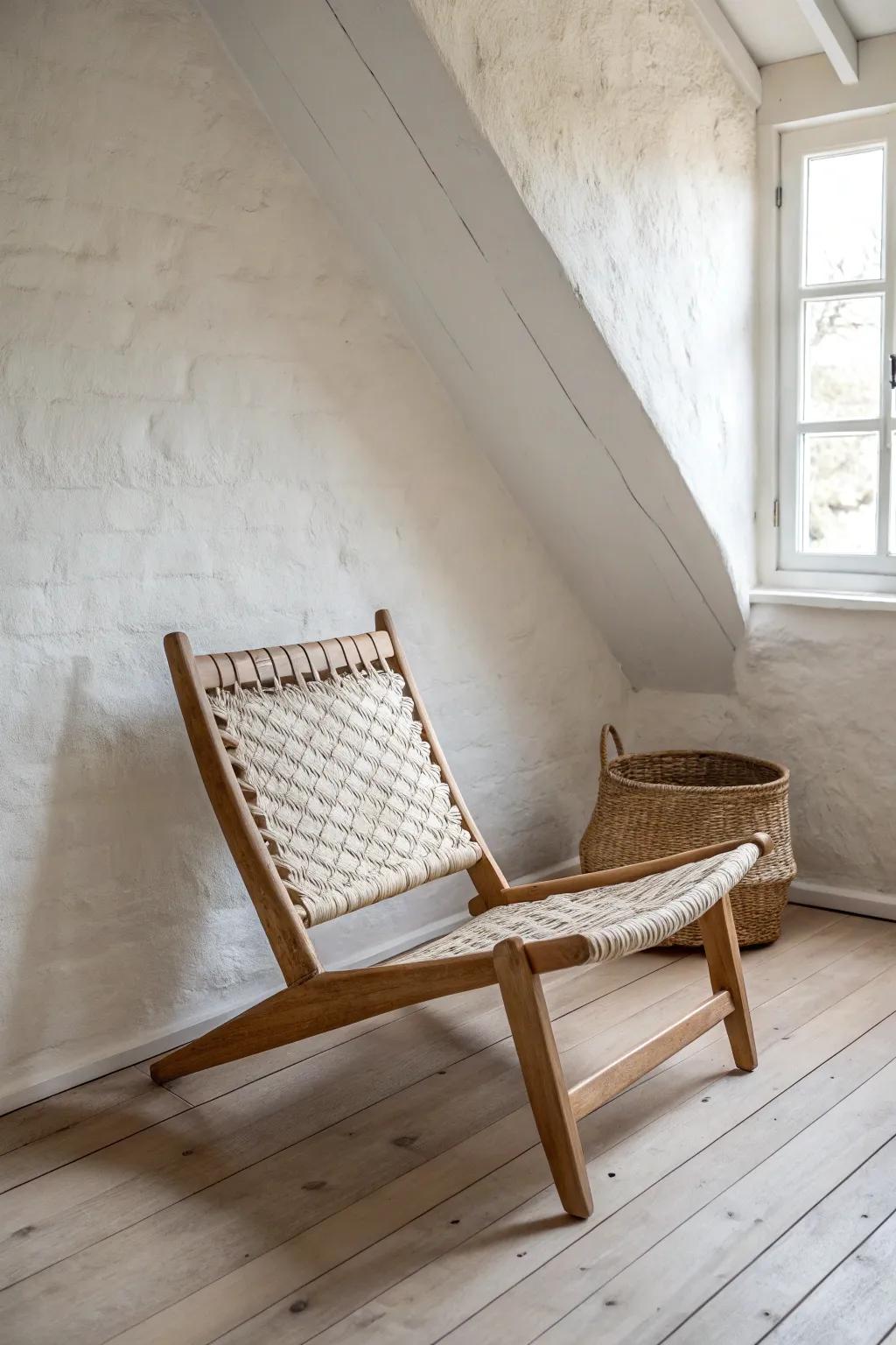 Turn that awkward angle into a mini retreat—one slim chair, soft light, instant calm.