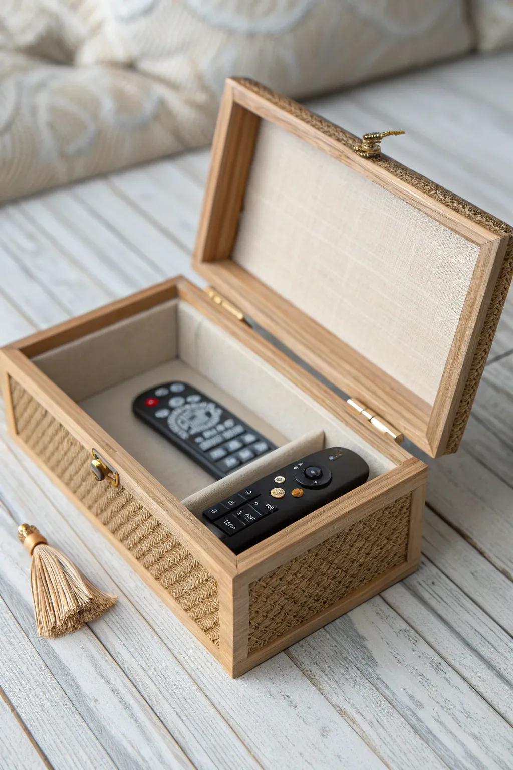 A vintage jewelry box becomes chic remote storage—pretty, minimal, and space-smart.