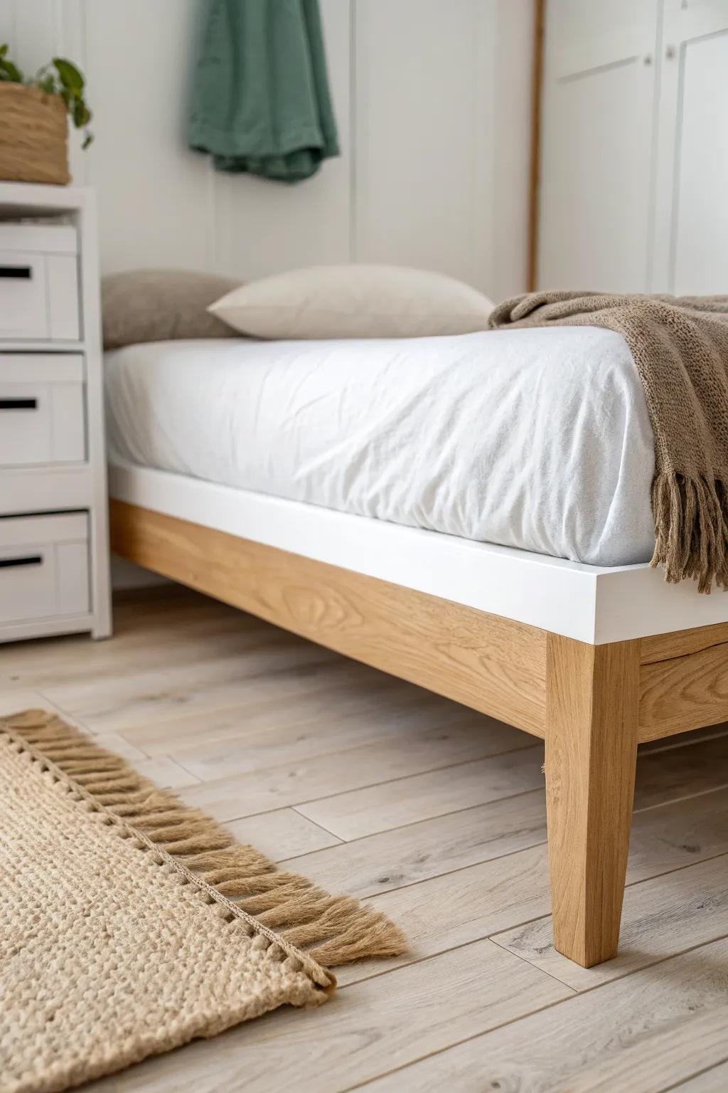 A simple bed riser turns wasted space into hidden storage—perfect for renters in tiny studios.