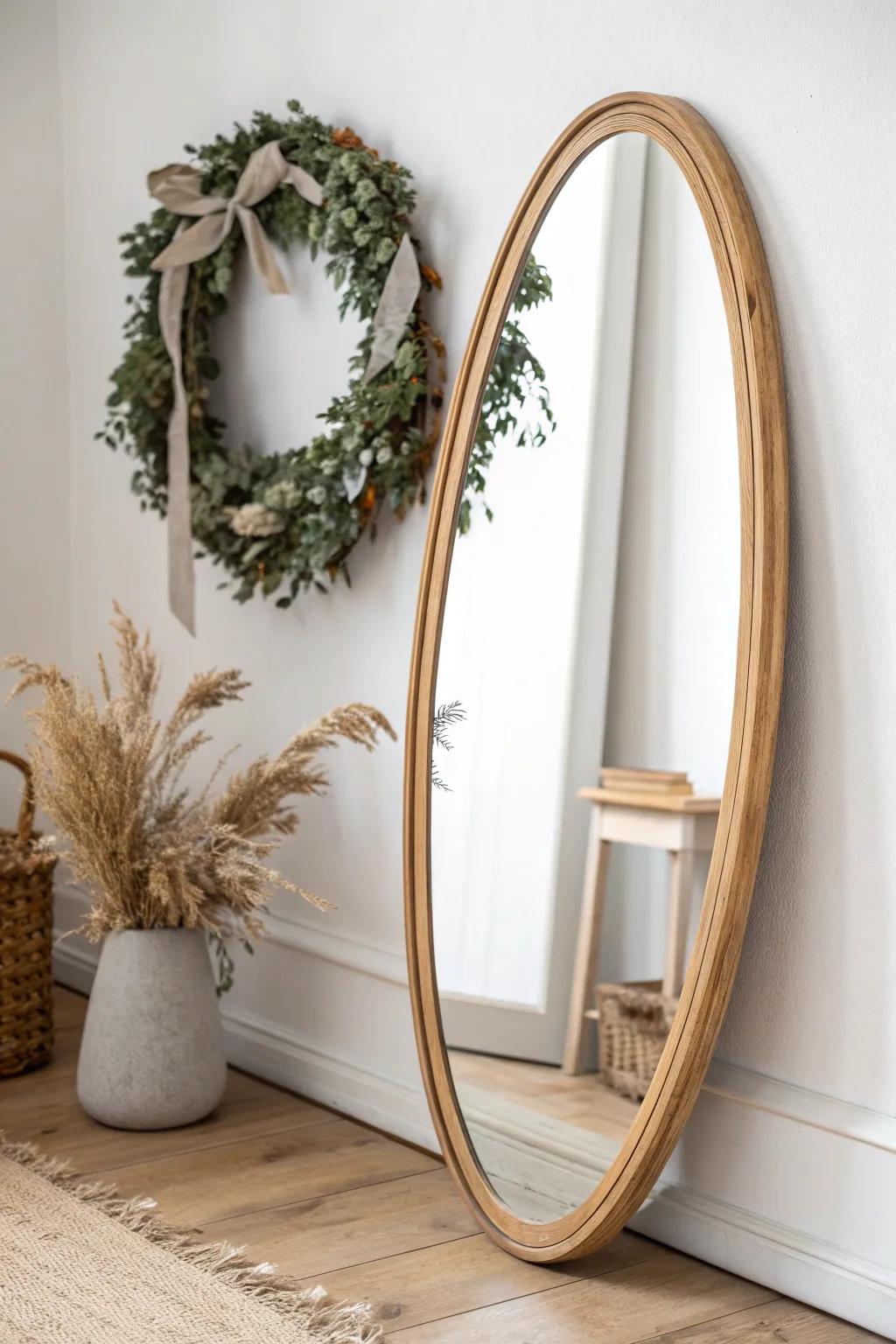 Instant seasonal charm: a simple wreath hung on your dresser mirror—minimal, cozy, effortless.
