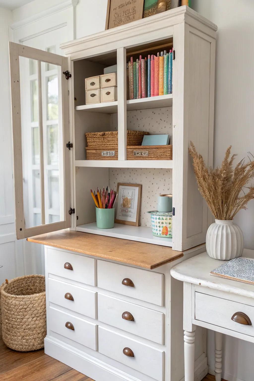 A china cabinet turned into a calm kids’ homework hub—close the doors for instant reset.
