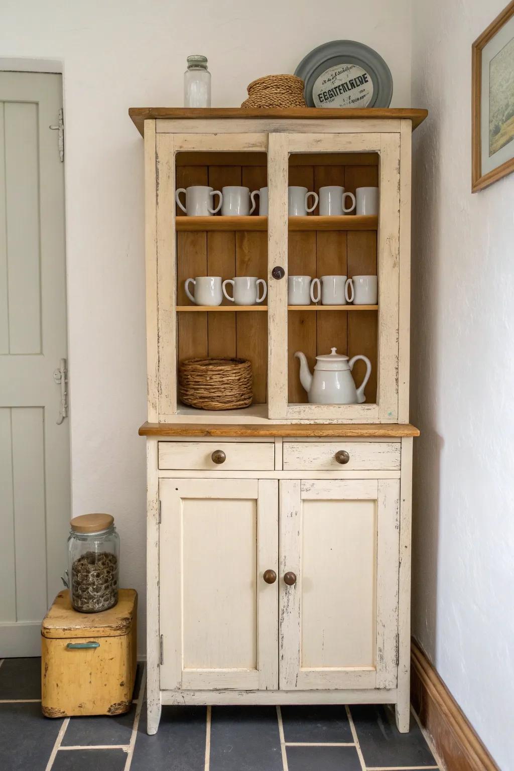 A repurposed cabinet becomes a chic coffee + snack station—perfect for tiny kitchens or nooks.