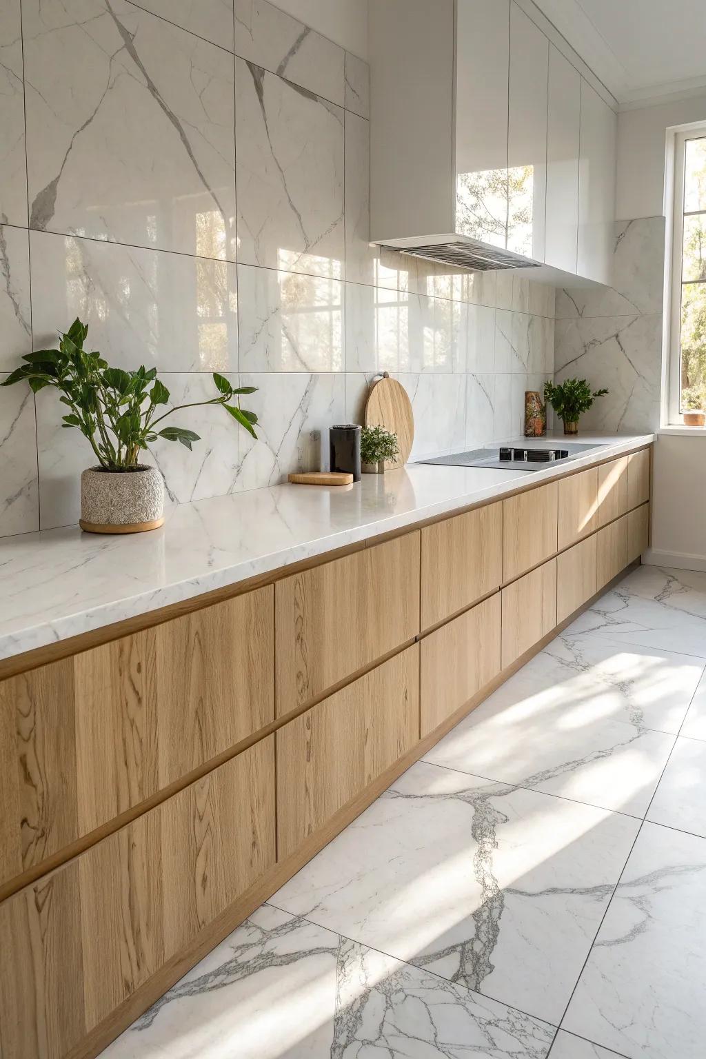 Effortless elegance: Transform your kitchen with the timeless beauty of marble tiles.