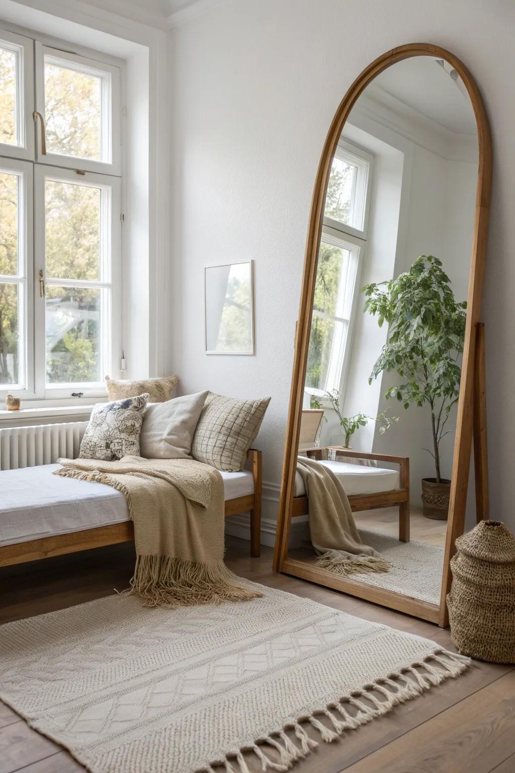 A large mirror behind the daybed bounces light and makes a narrow room feel twice as wide.
