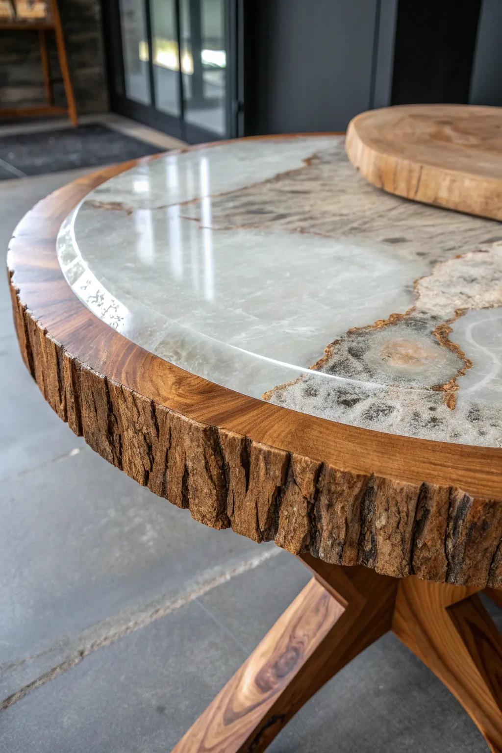 Experience the art of nature with this exquisite wood and stone fusion epoxy table, where rugged meets refined.