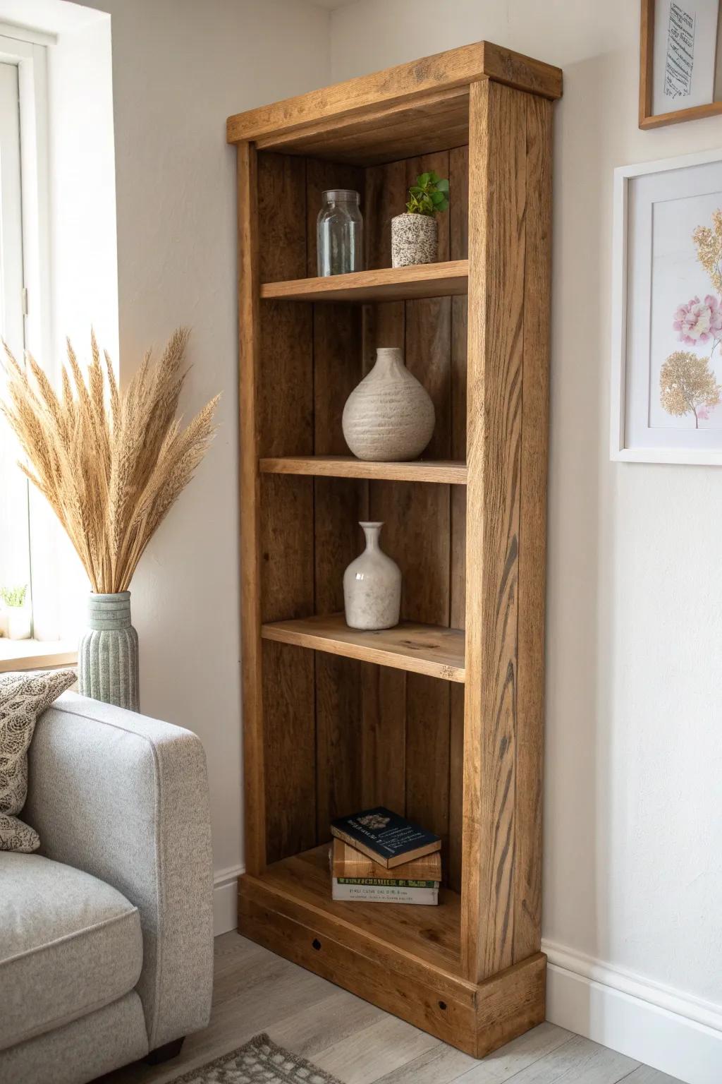 Trimmed rustic corner shelf that looks built-in—clean lines, warm wood, small-space charm.
