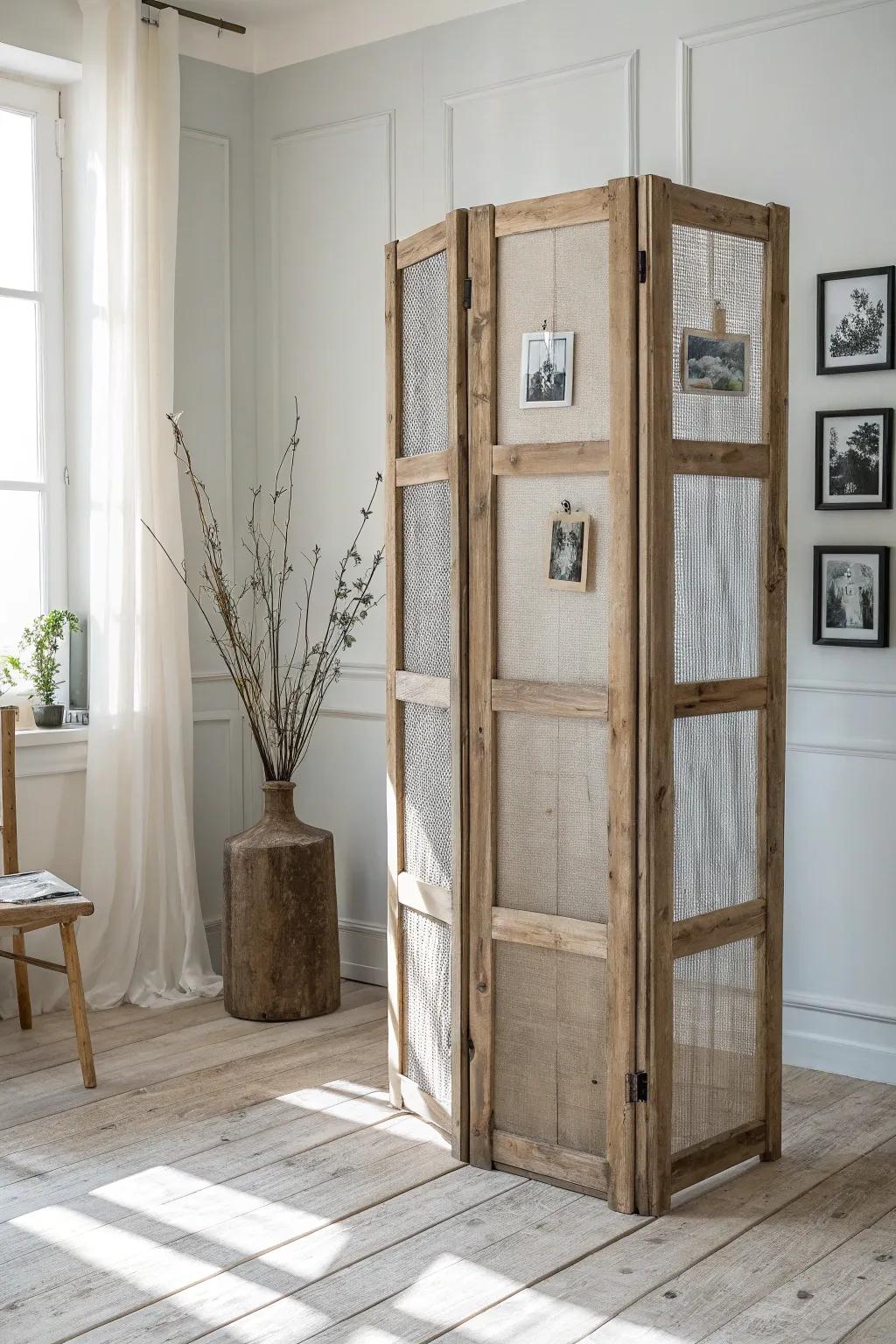 Rustic wire-mesh panel screen: airy privacy, farmhouse charm, and a perfect spot for clips.